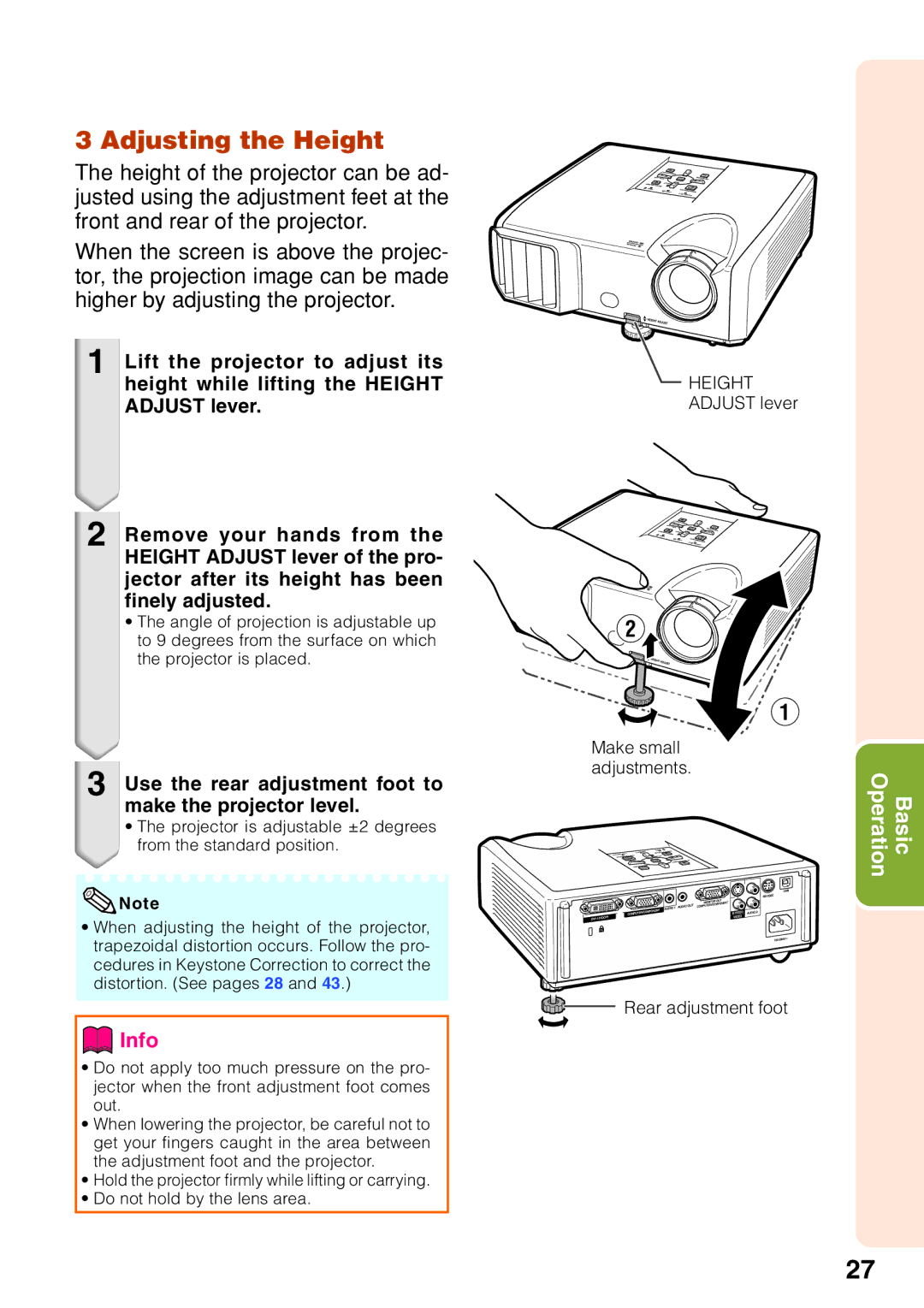 Sharp PG-F212X-L quick start Adjusting the Height, Use the rear adjustment foot to make the projector level 