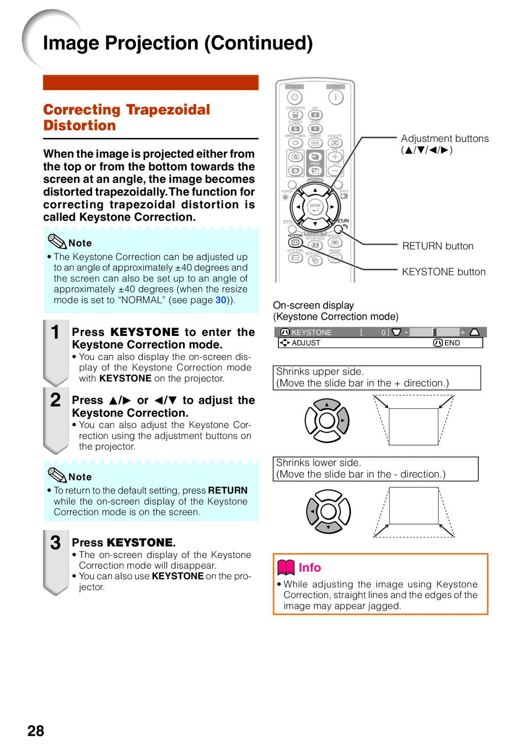 Sharp PG-F212X-L quick start Correcting Trapezoidal Distortion, Press Keystone to enter the Keystone Correction mode 