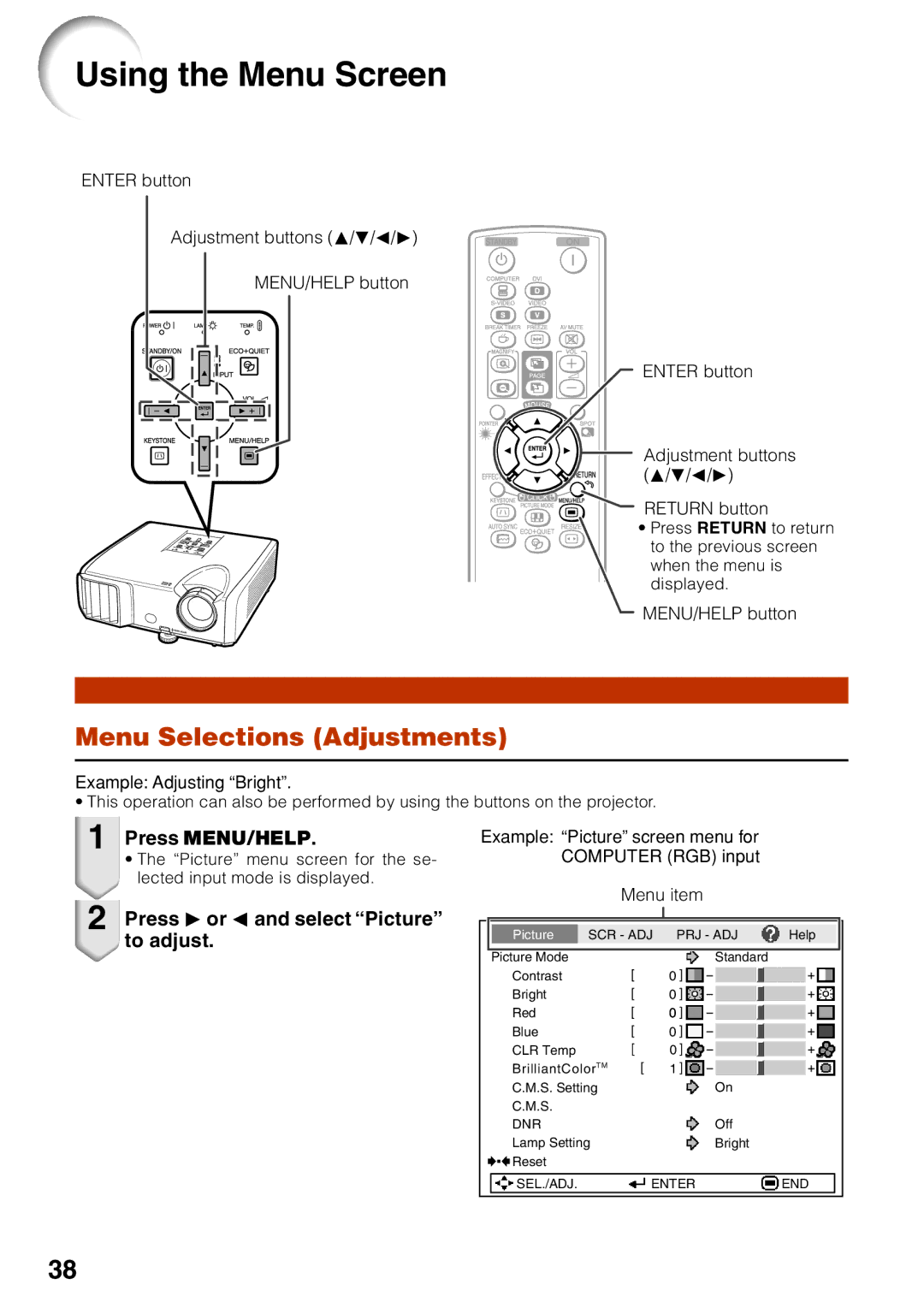 Sharp PG-F212X-L Using the Menu Screen, Menu Selections Adjustments, Press Qor Oand select Picture to adjust, Menu item 