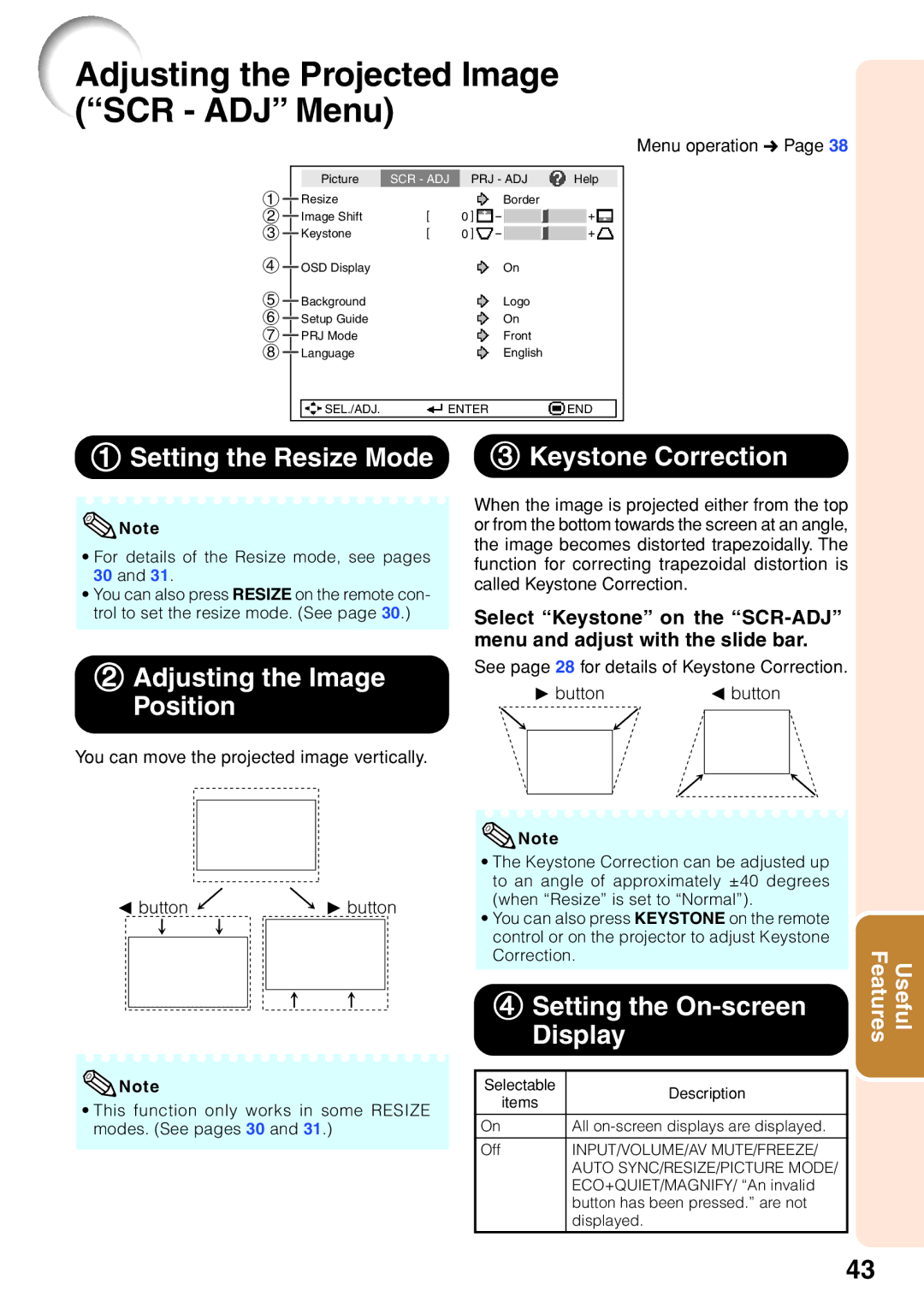 Sharp PG-F212X-L Adjusting the Projected Image SCR ADJ Menu, 1Setting the Resize Mode, 4Setting the On-screen Display 