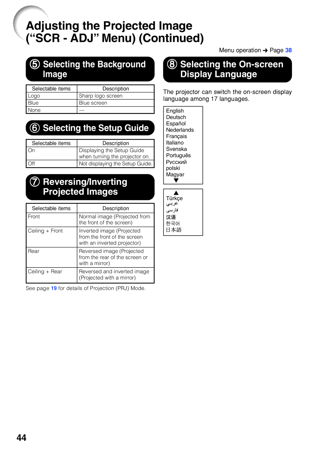 Sharp PG-F212X-L 5Selecting the Background Image, 6Selecting the Setup Guide, Reversing/Inverting Projected Images 