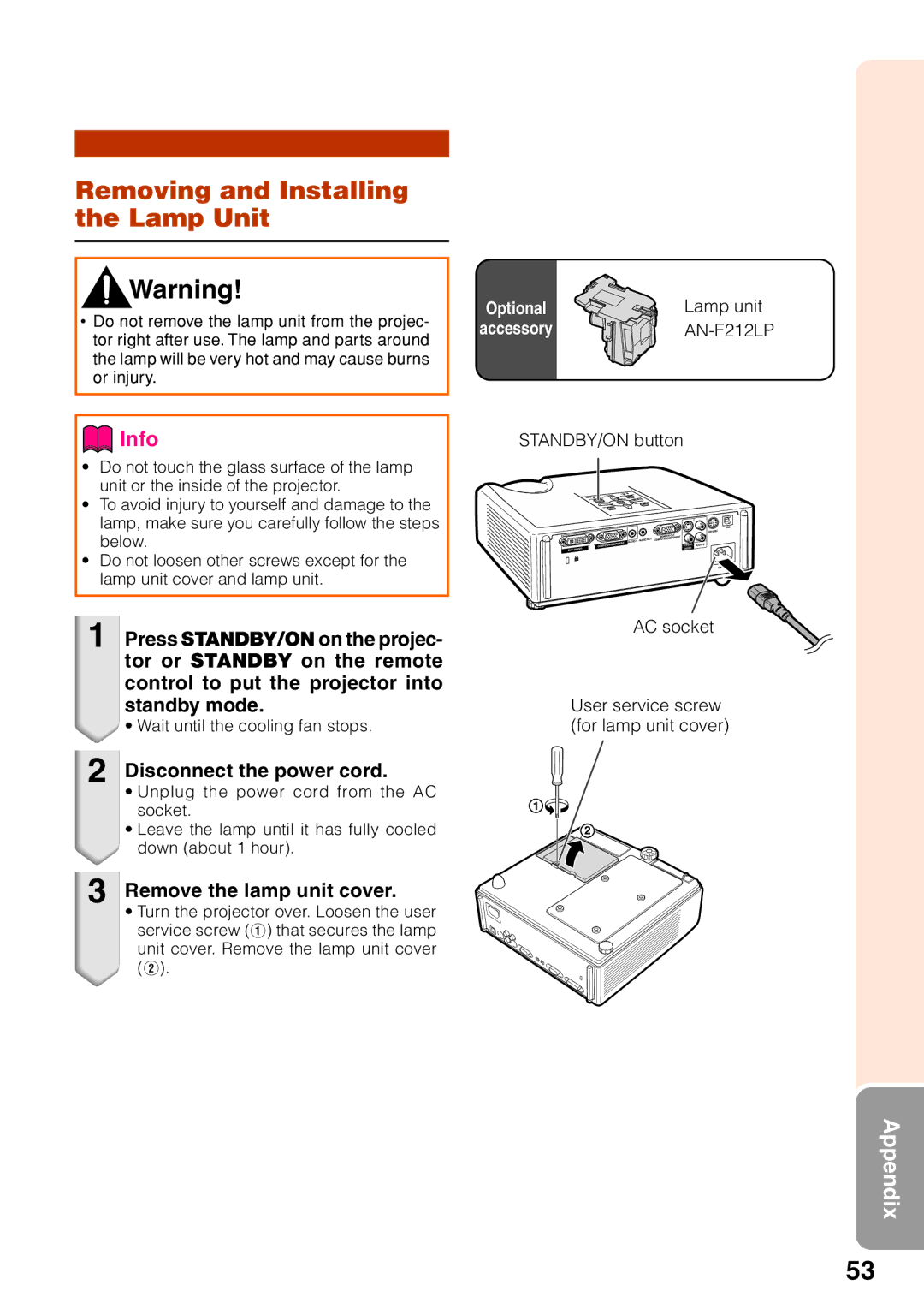 Sharp PG-F212X-L quick start Removing and Installing the Lamp Unit, Disconnect the power cord, Remove the lamp unit cover 