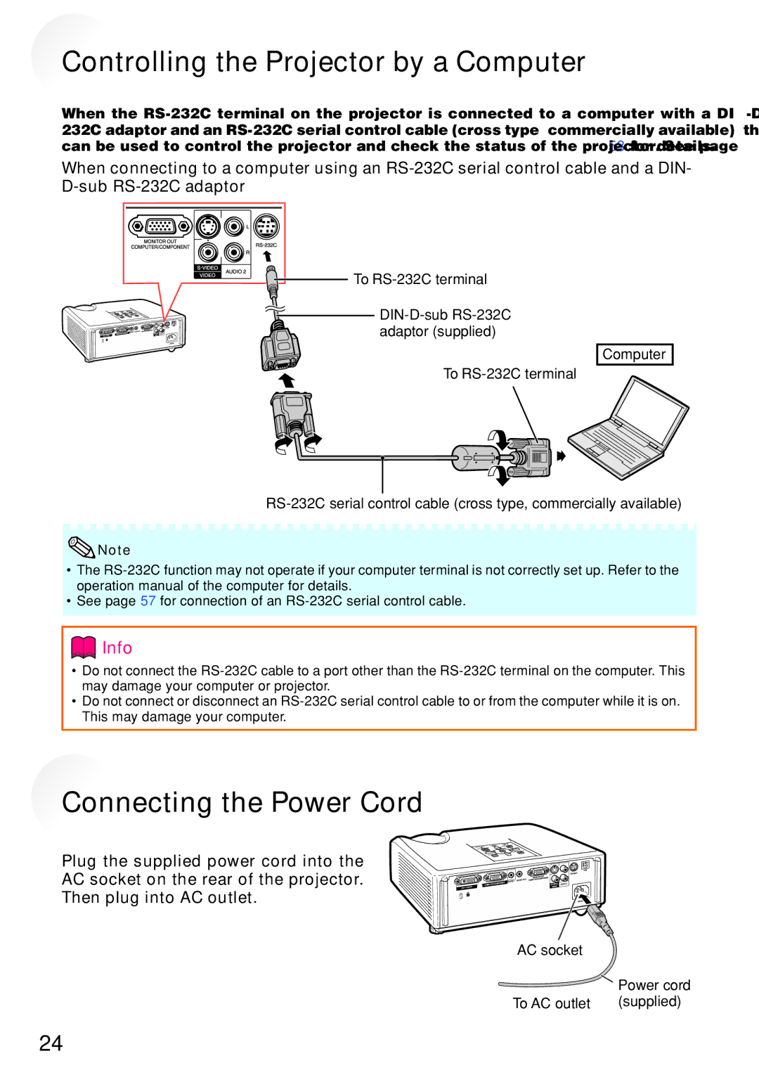 Sharp PG-F212X, PG-F262X quick start Controlling the Projector by a Computer, Connecting the Power Cord 