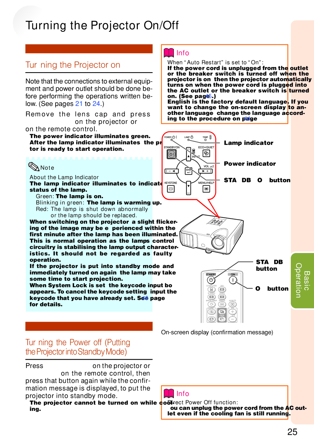 Sharp PG-F262X Turning the Projector On/Off, Turning the Projector on, Lamp indicator Power indicator STANDBY/ON button 