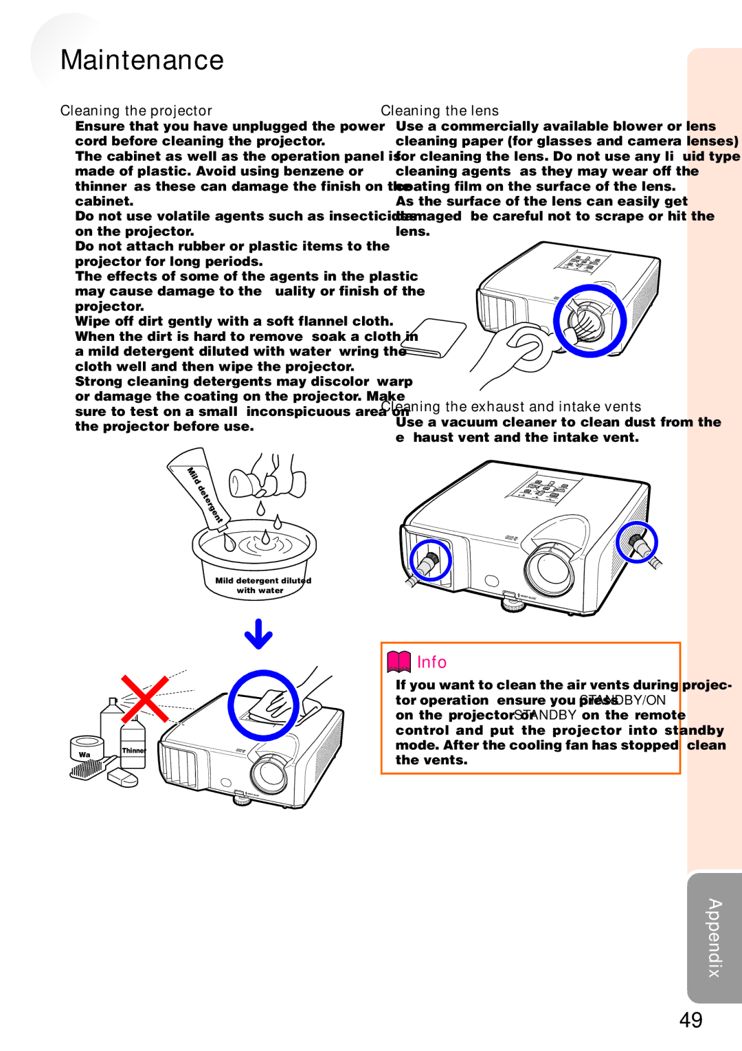 Sharp PG-F262X, PG-F212X quick start Maintenance, Cleaning the projector 