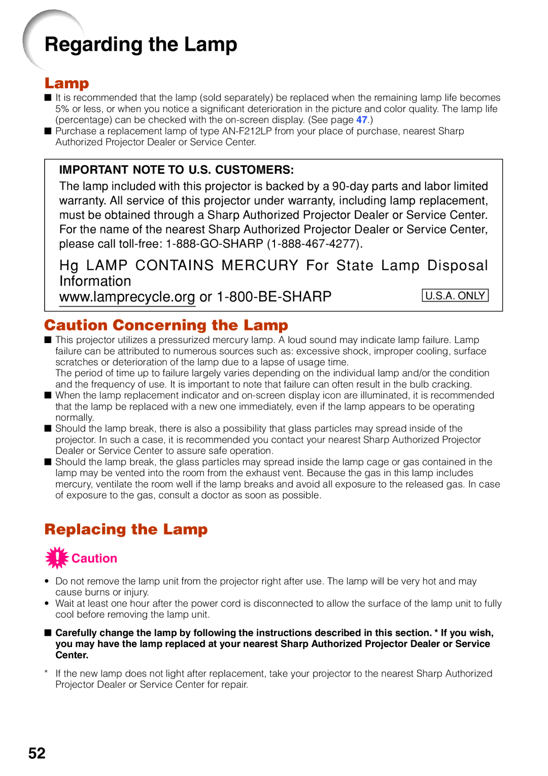 Sharp PG-F212X, PG-F262X quick start Regarding the Lamp, Replacing the Lamp 