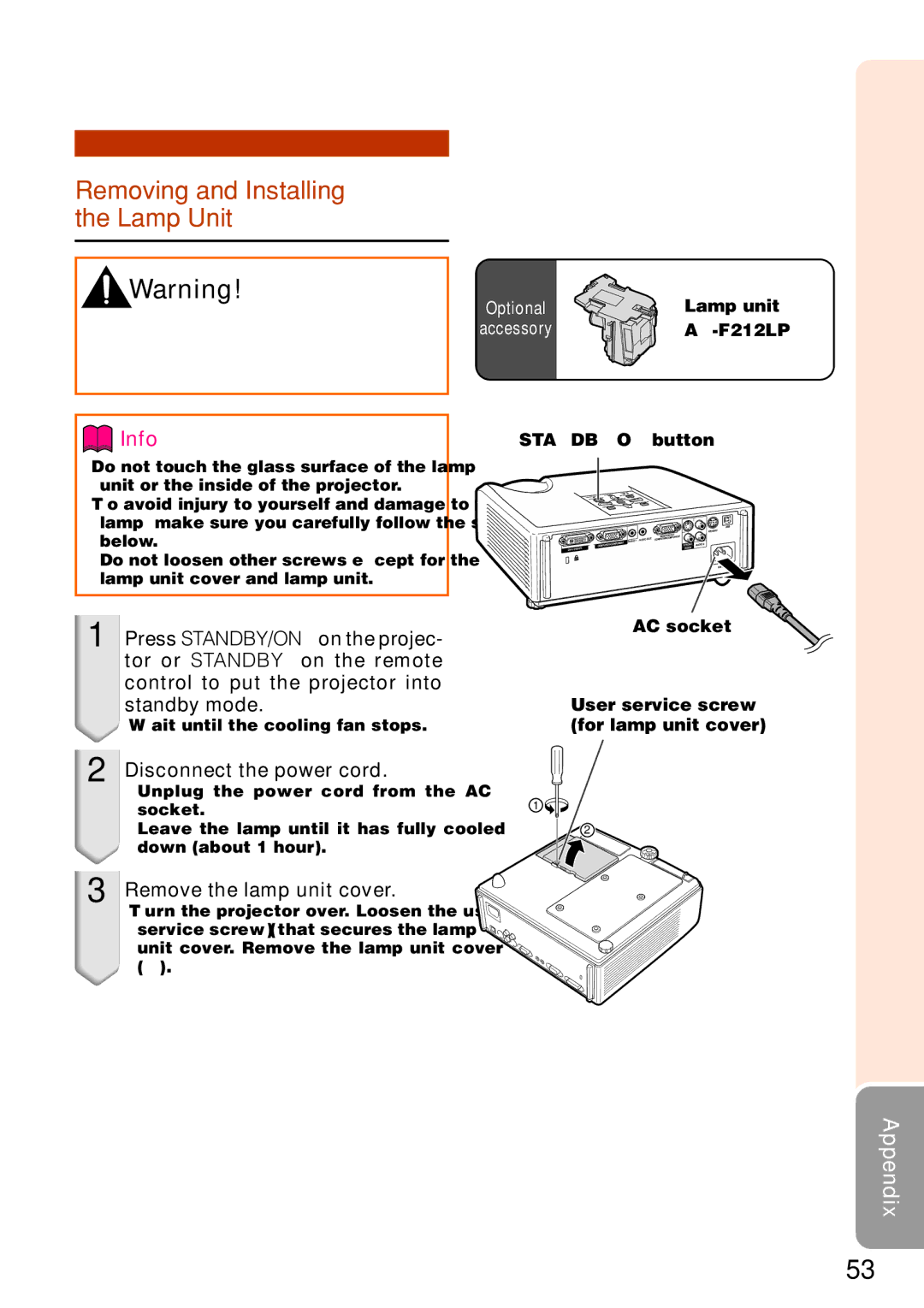 Sharp PG-F262X, PG-F212X Removing and Installing the Lamp Unit, Disconnect the power cord, Remove the lamp unit cover 