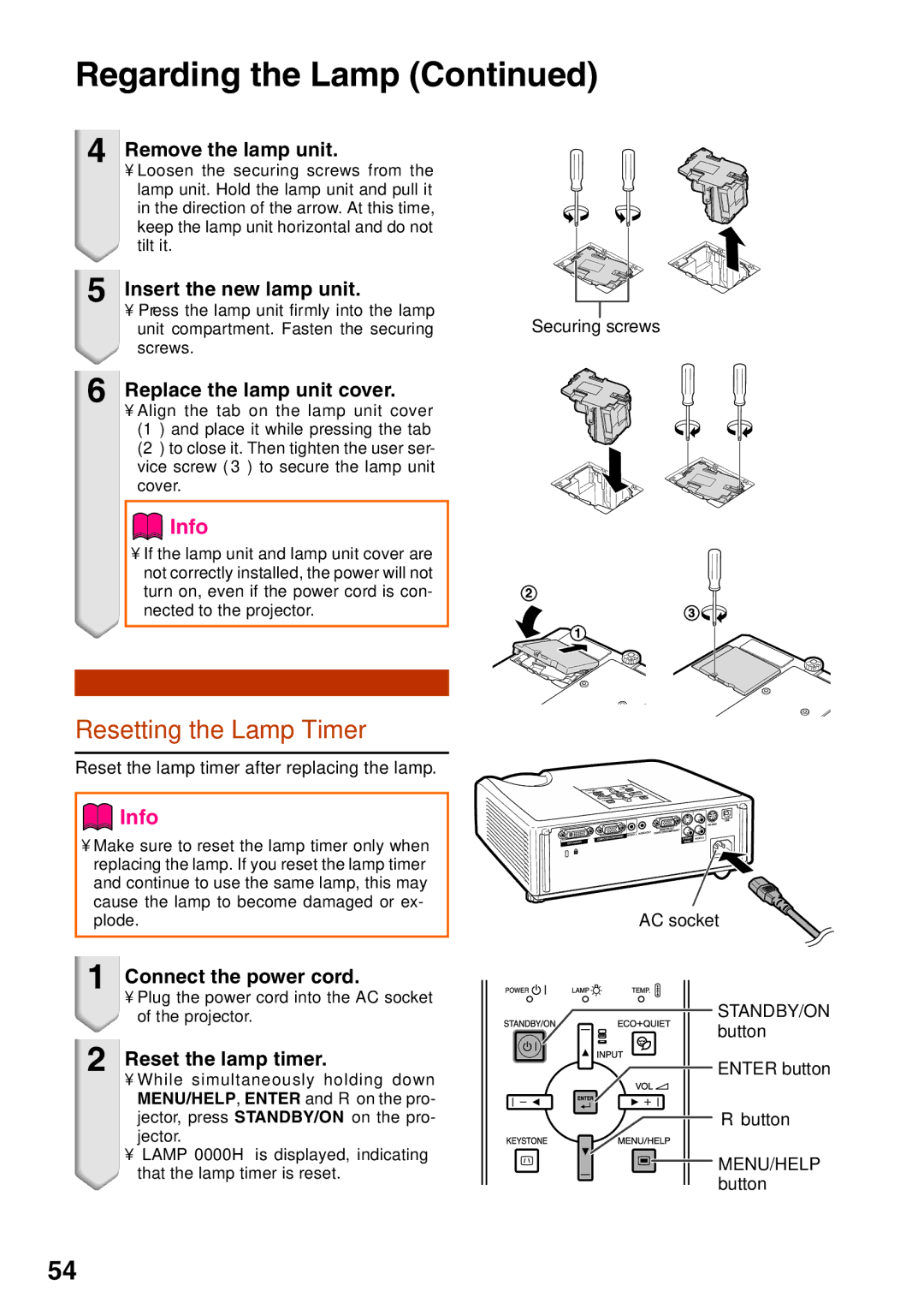 Sharp PG-F212X, PG-F262X quick start Resetting the Lamp Timer 