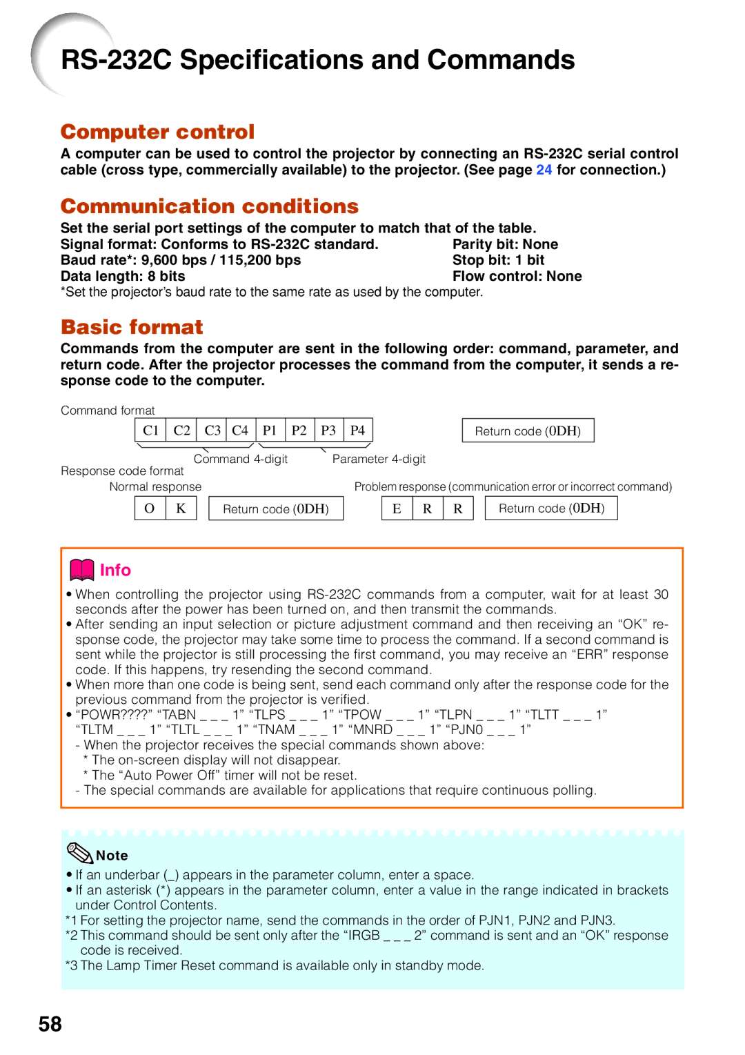 Sharp PG-F212X, PG-F262X RS-232C Specifications and Commands, Computer control, Communication conditions, Basic format 