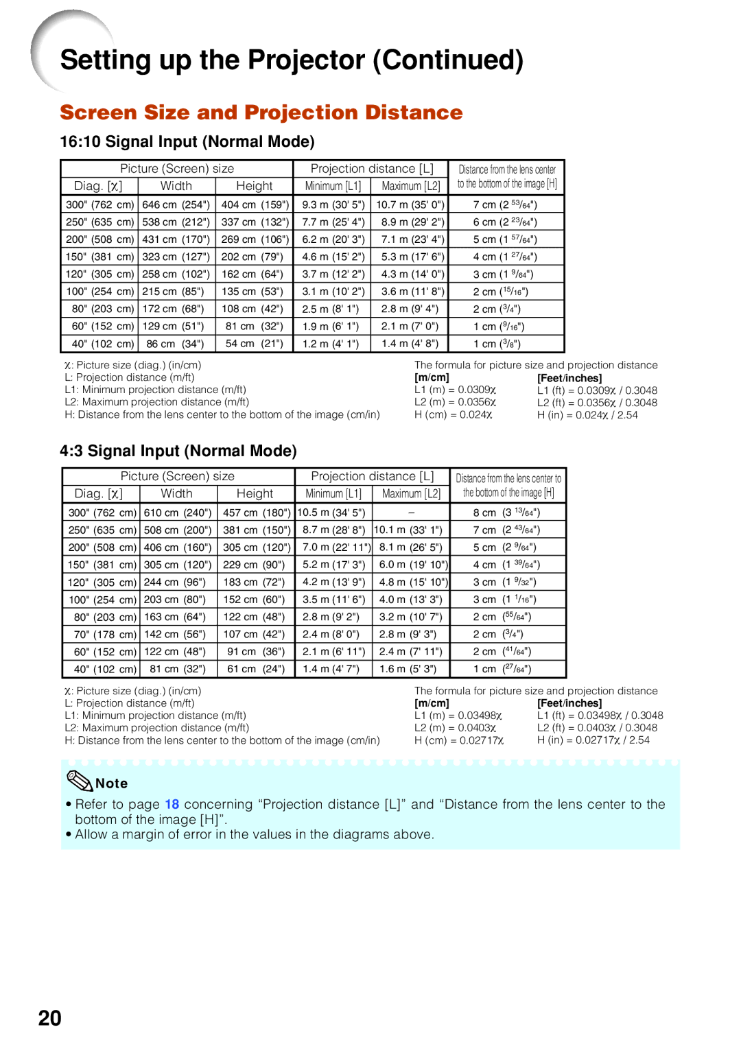 Sharp PG-F255W quick start Screen Size and Projection Distance, Signal Input Normal Mode 