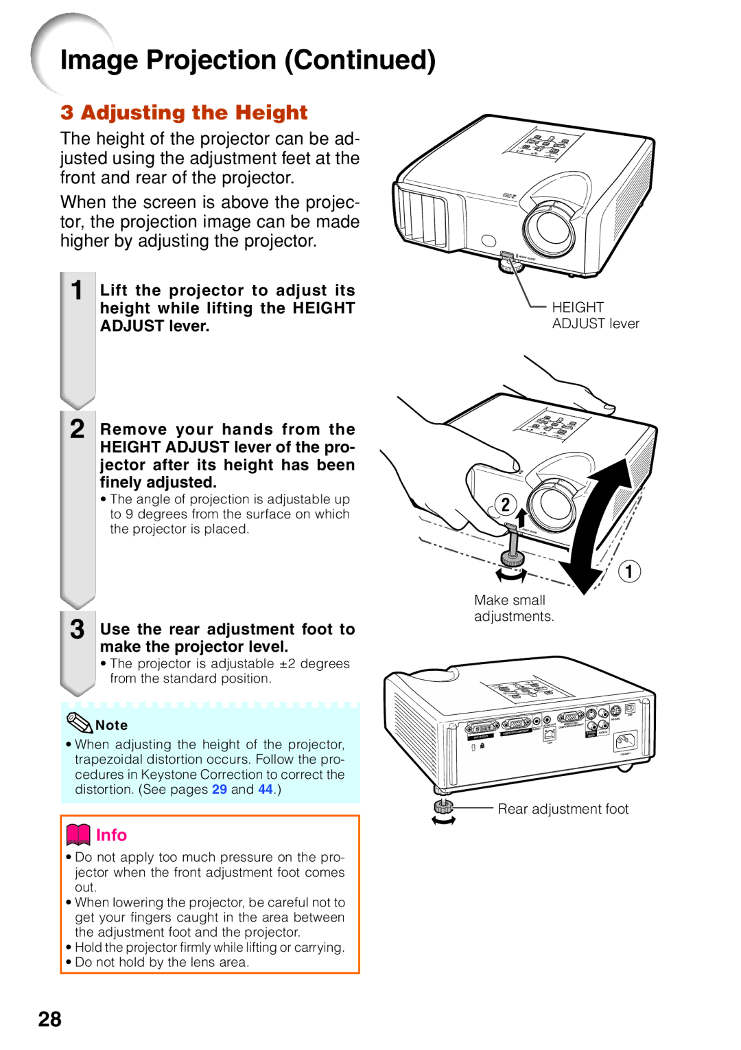 Sharp PG-F255W Adjusting the Height, Use the rear adjustment foot to make the projector level, Height Adjust lever 