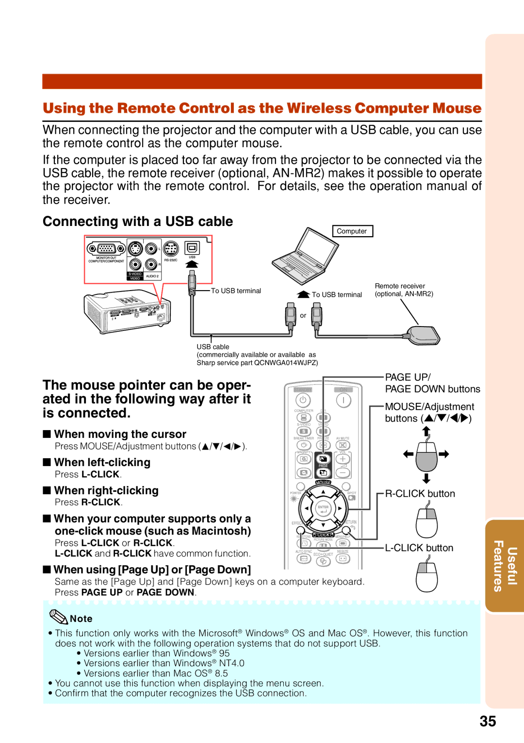 Sharp PG-F255W Using the Remote Control as the Wireless Computer Mouse, When moving the cursor, When left-clicking 