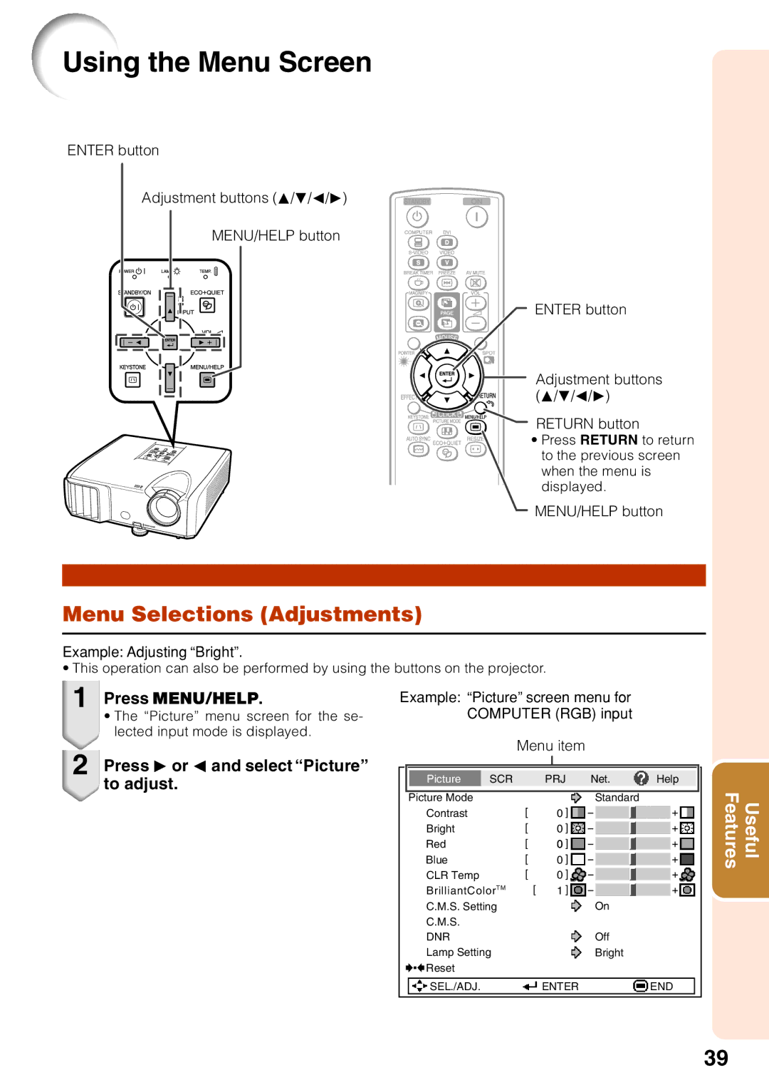 Sharp PG-F255W Using the Menu Screen, Menu Selections Adjustments, Press Qor Oand select Picture to adjust, Menu item 