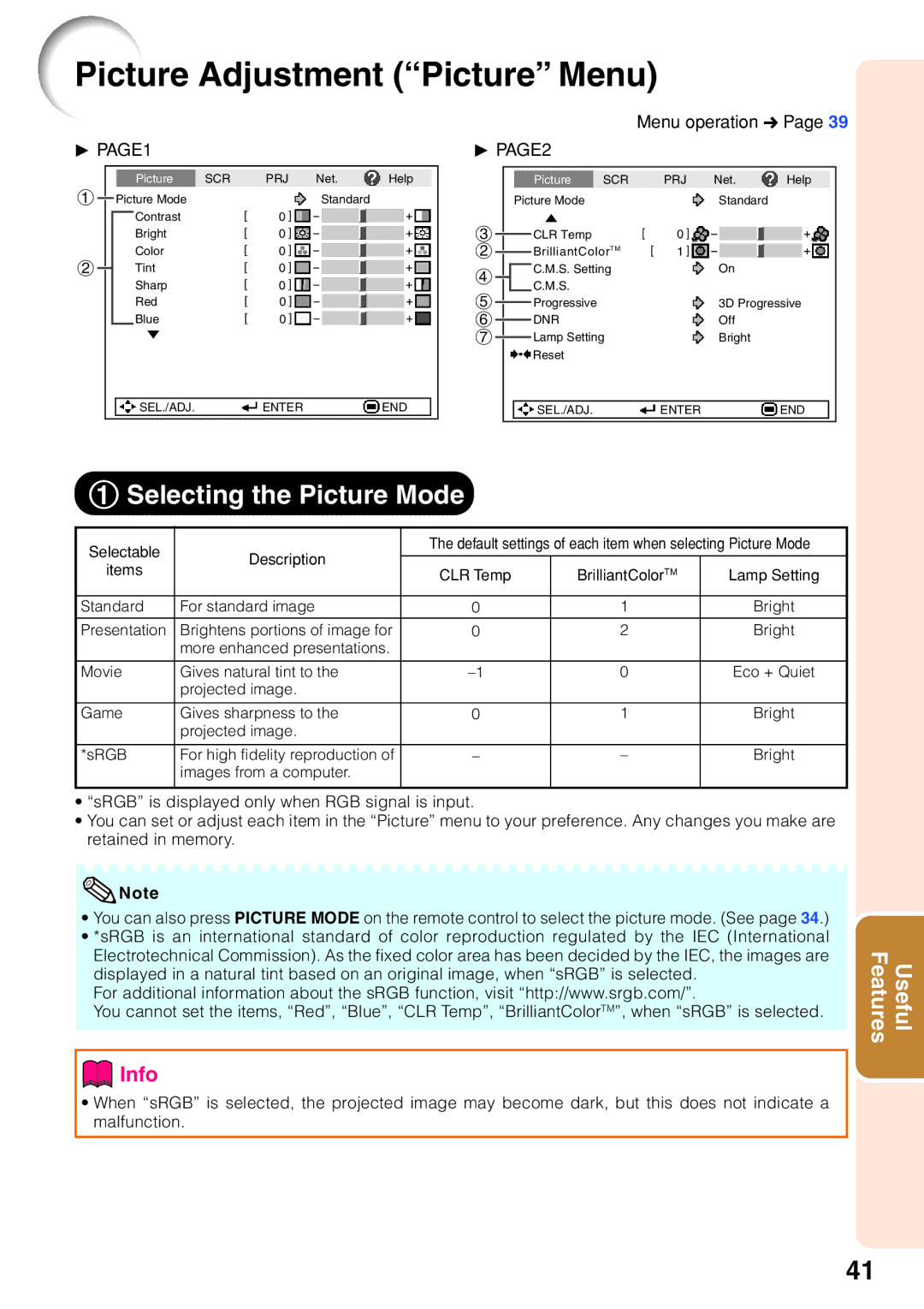 Sharp PG-F255W quick start Picture Adjustment Picture Menu, 1Selecting the Picture Mode, Menu operation n, PAGE1 PAGE2 