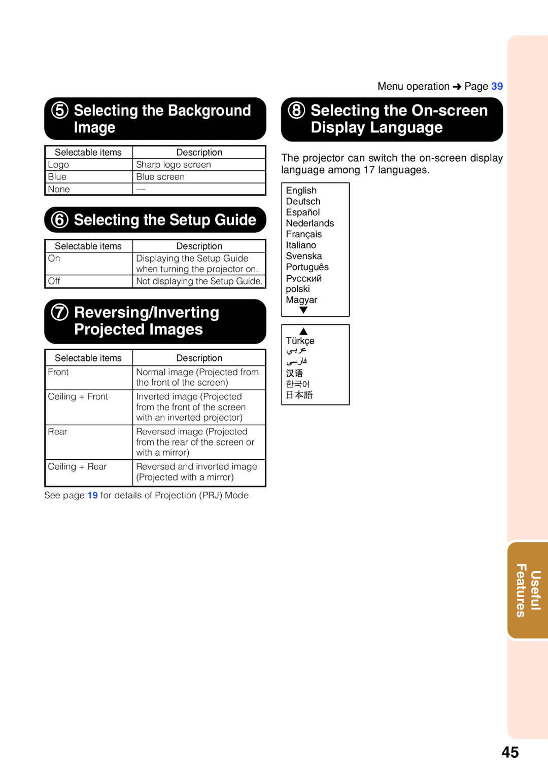 Sharp PG-F255W 5Selecting the Background Image, 6Selecting the Setup Guide, Reversing/Inverting Projected Images 