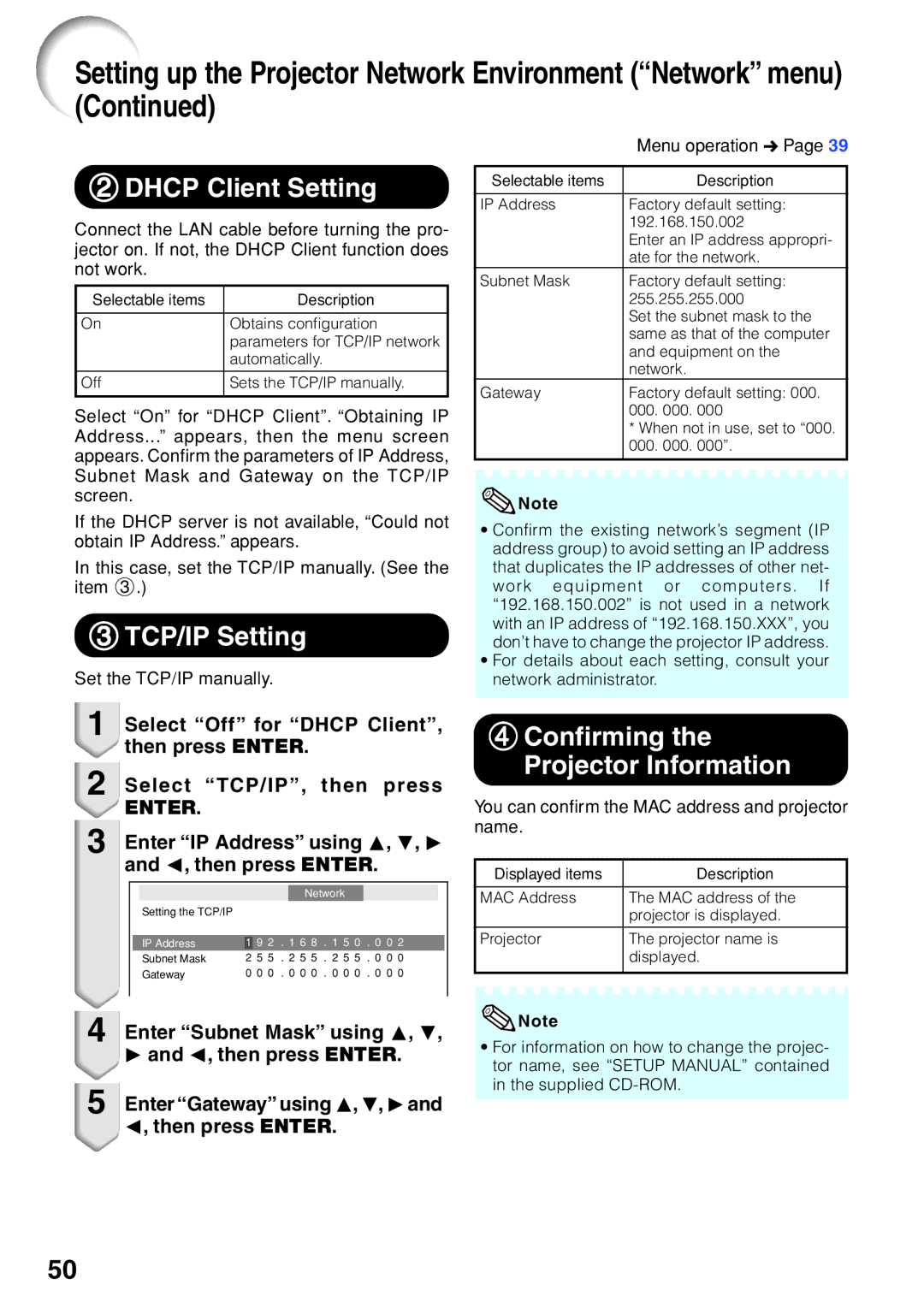 Sharp PG-F255W quick start 2DHCP Client Setting, 3TCP/IP Setting, 4Confirming the Projector Information 