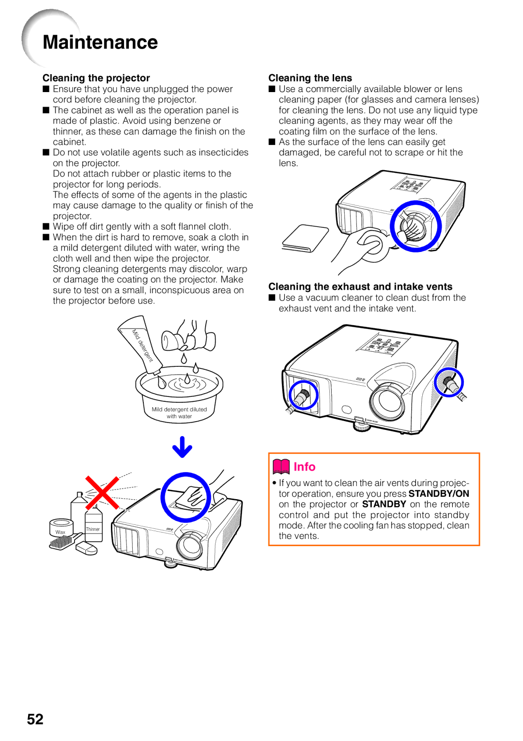 Sharp PG-F255W quick start Maintenance, Cleaning the projector 