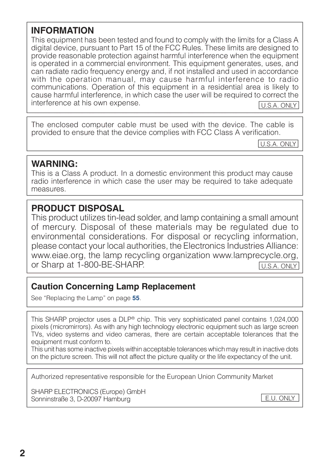 Sharp PG-F255W quick start Information, Only 