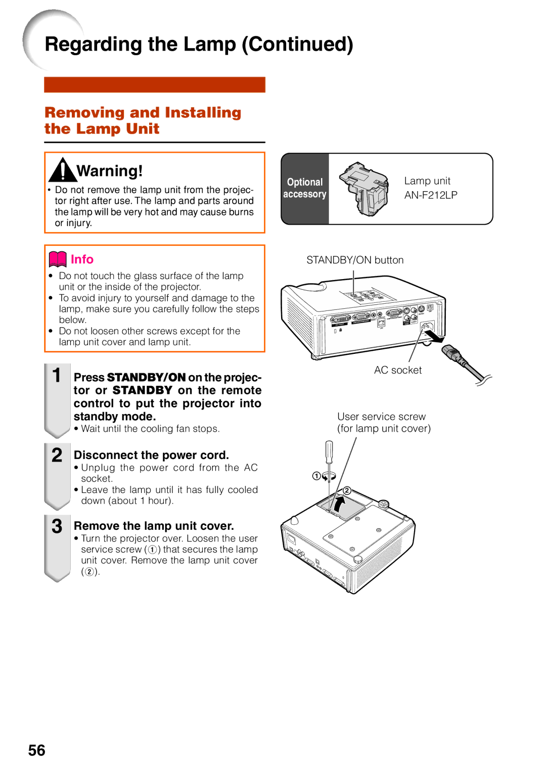 Sharp PG-F255W quick start Removing and Installing the Lamp Unit, Disconnect the power cord, Remove the lamp unit cover 