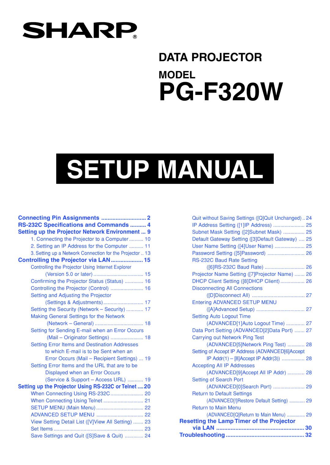 Sharp PG-F320W specifications Setup Manual 