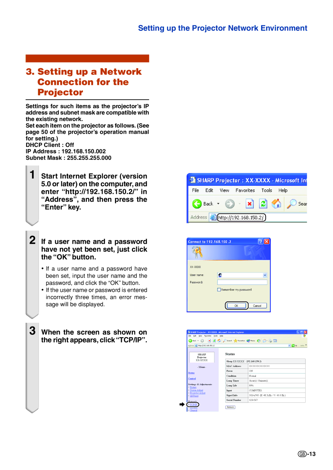 Sharp PG-F320W specifications Setting up a Network Connection for the Projector 