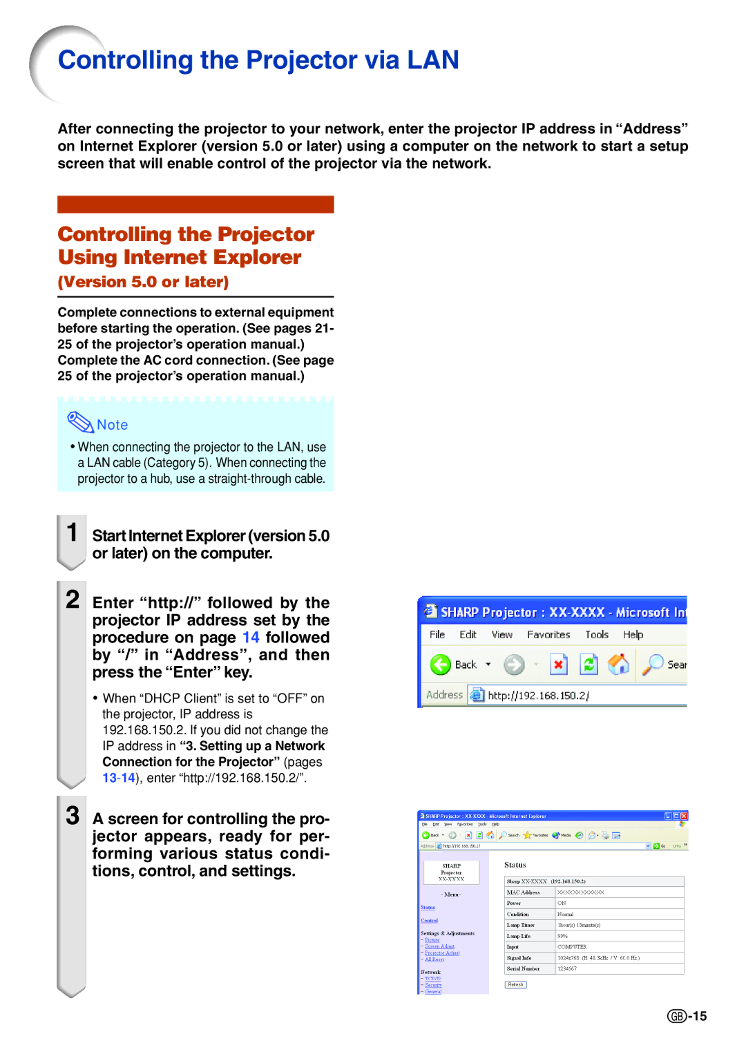 Sharp PG-F320W Controlling the Projector via LAN, Controlling the Projector Using Internet Explorer, Version 5.0 or later 