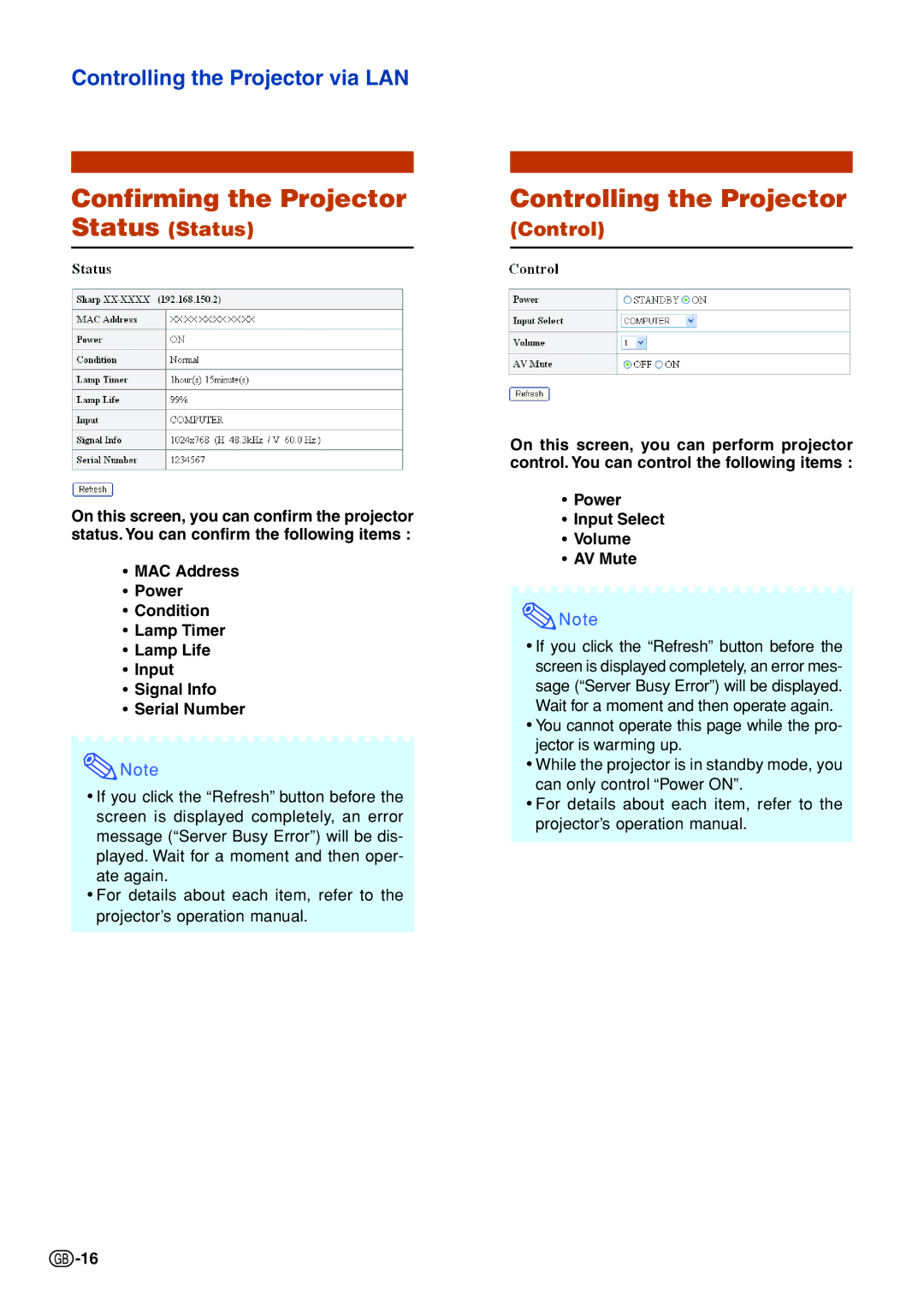 Sharp PG-F320W specifications Confirming the Projector, Controlling the Projector, Status Status 