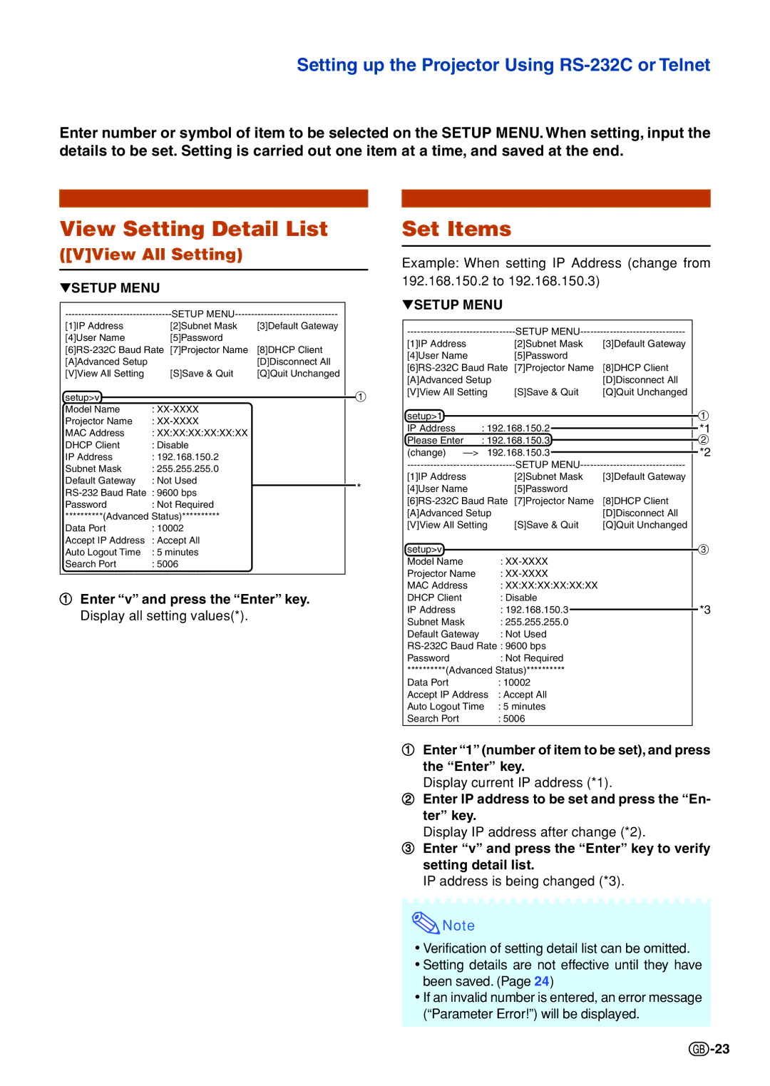 Sharp PG-F320W specifications View Setting Detail List, Set Items, VView All Setting 