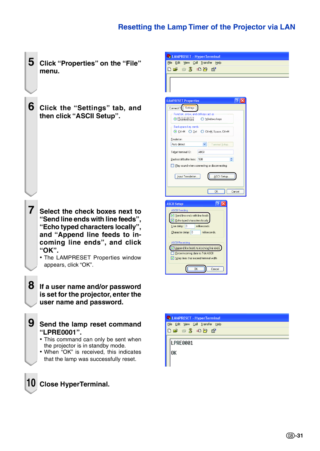 Sharp PG-F320W specifications Resetting the Lamp Timer of the Projector via LAN 