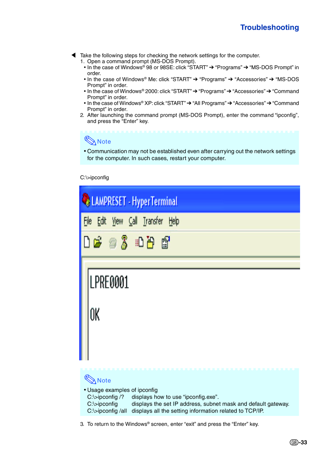 Sharp PG-F320W specifications Troubleshooting 