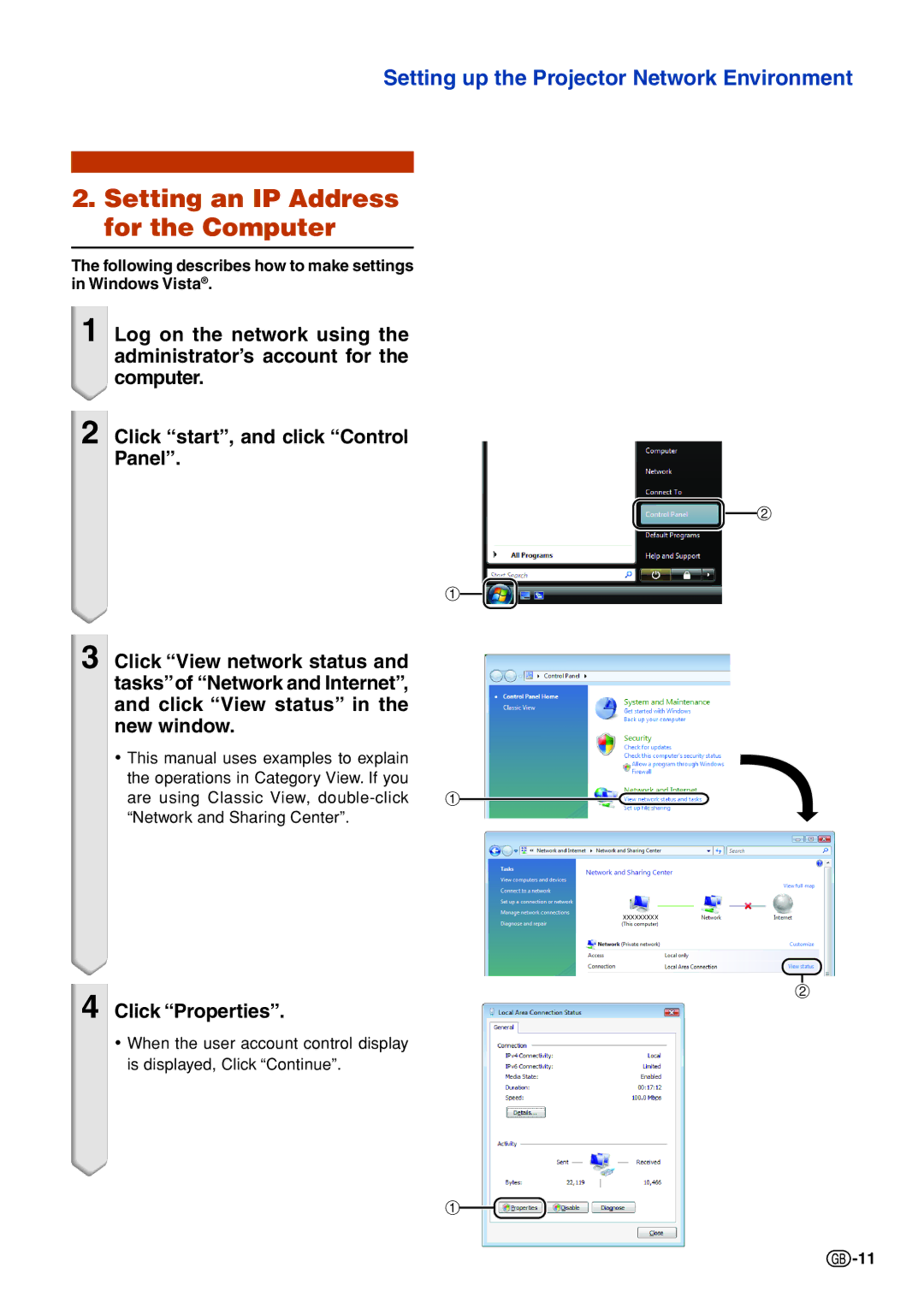 Sharp PG-F325W specifications Setting an IP Address for the Computer 