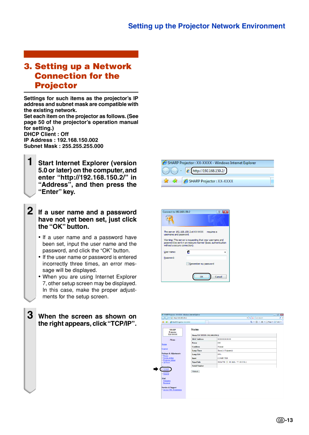 Sharp PG-F325W specifications Setting up a Network Connection for the Projector 