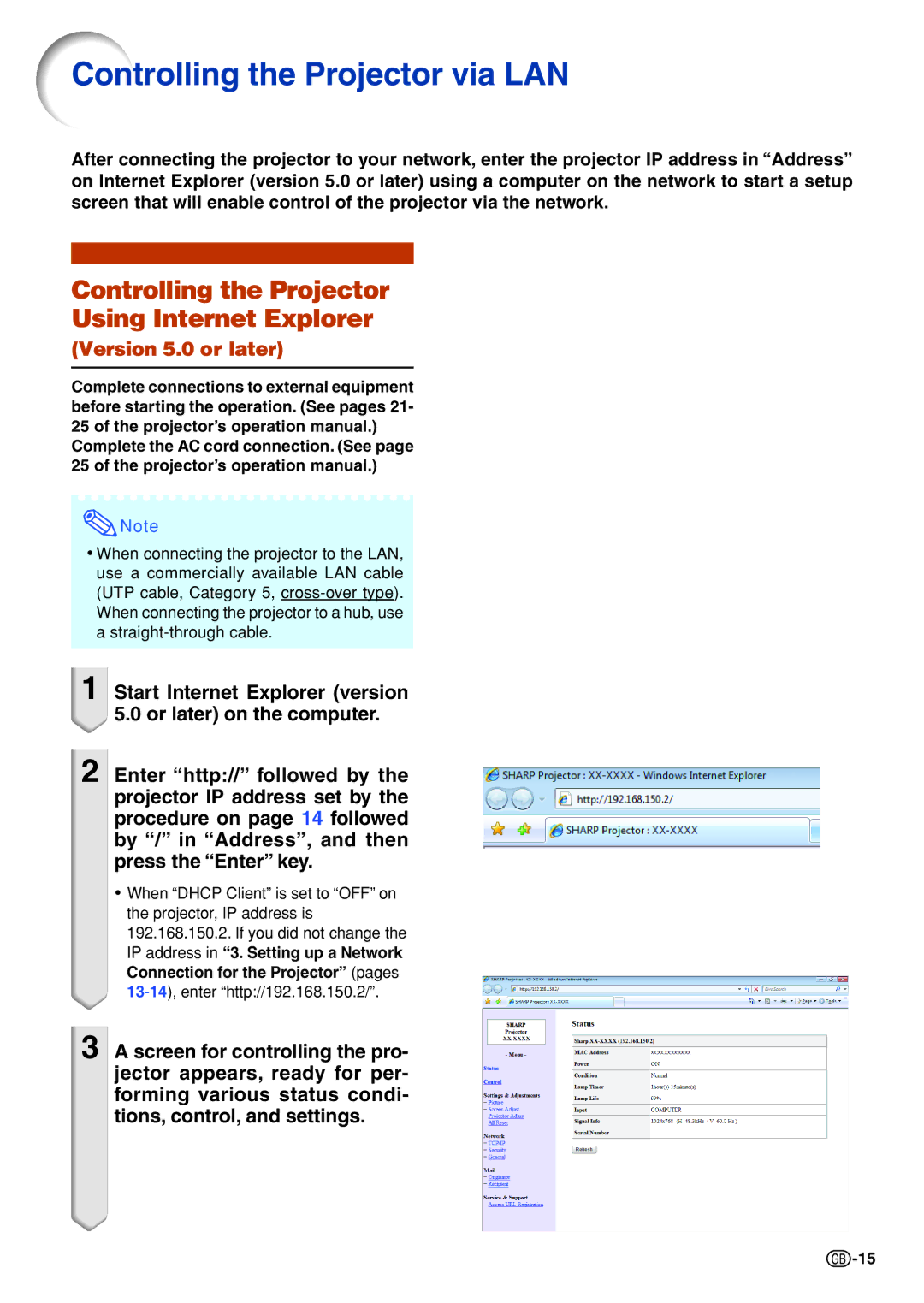 Sharp PG-F325W Controlling the Projector via LAN, Controlling the Projector Using Internet Explorer, Version 5.0 or later 