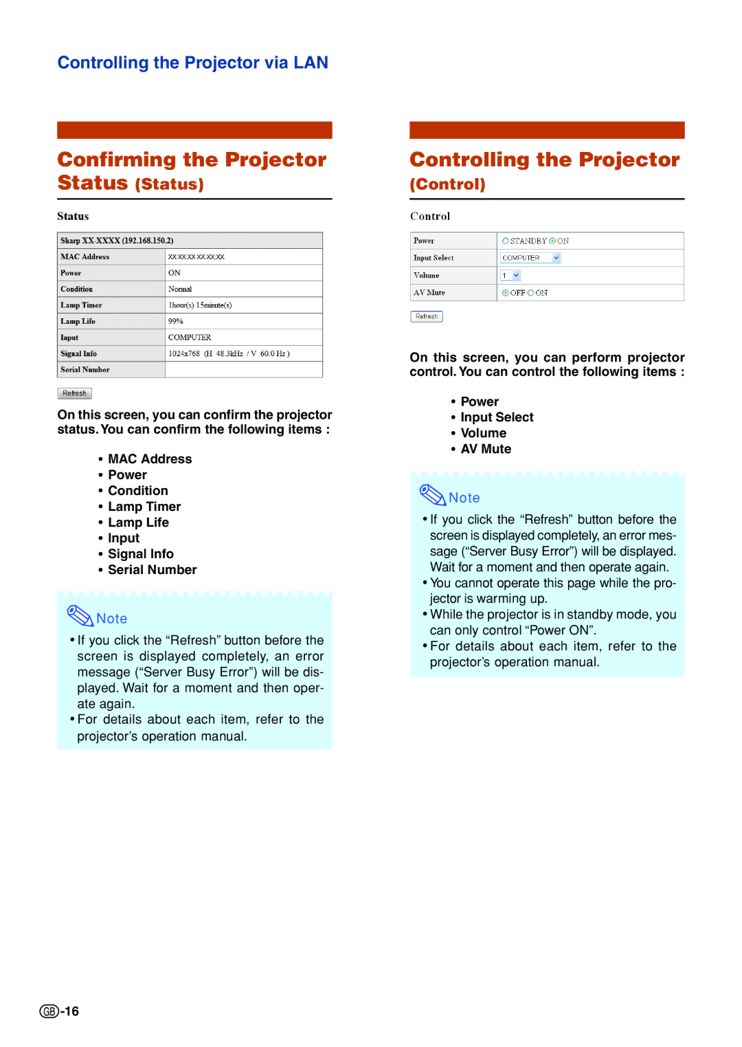 Sharp PG-F325W specifications Confirming the Projector, Controlling the Projector, Status Status 