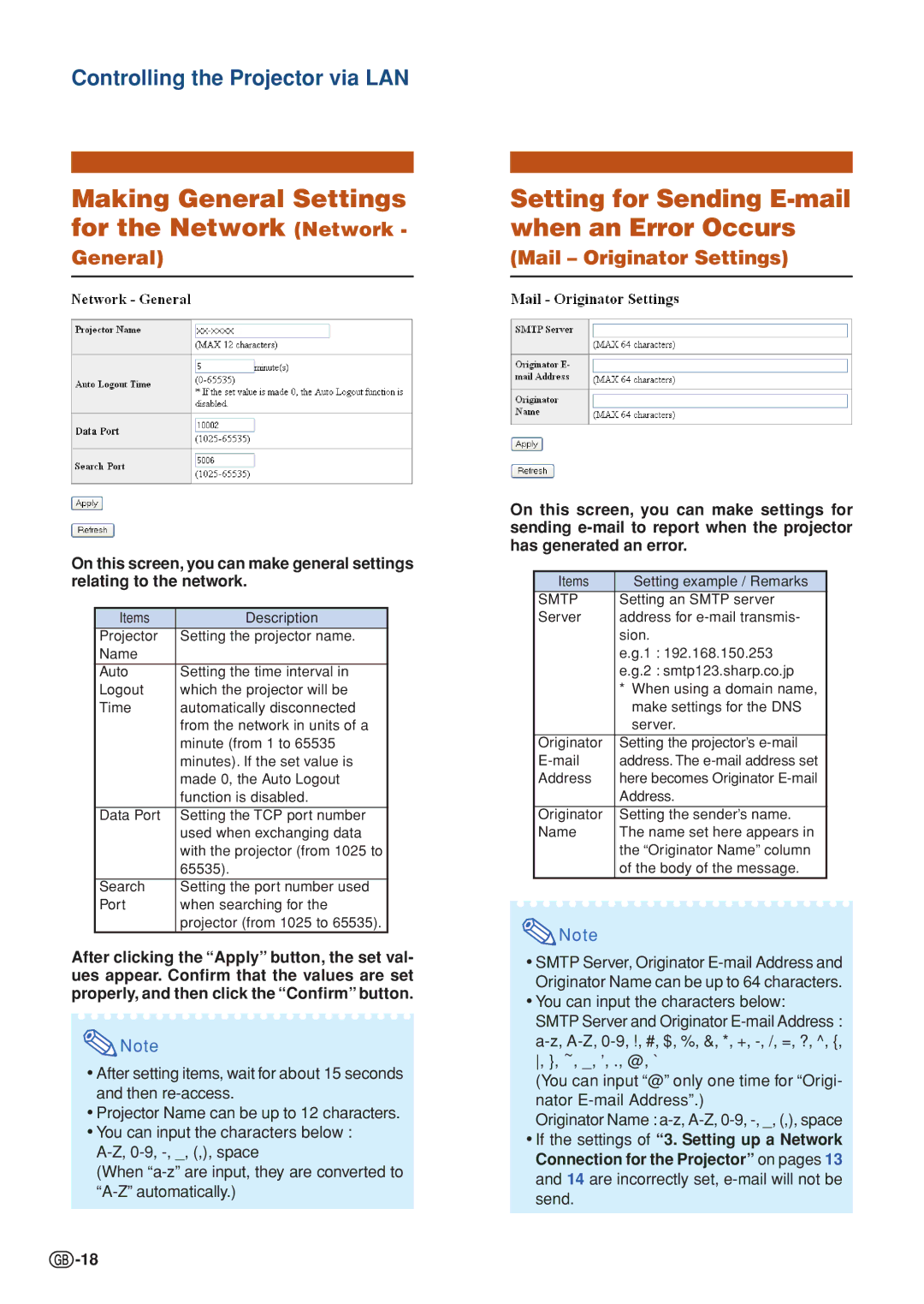 Sharp PG-F325W Making General Settings for the Network Network, Setting for Sending E-mail when an Error Occurs 