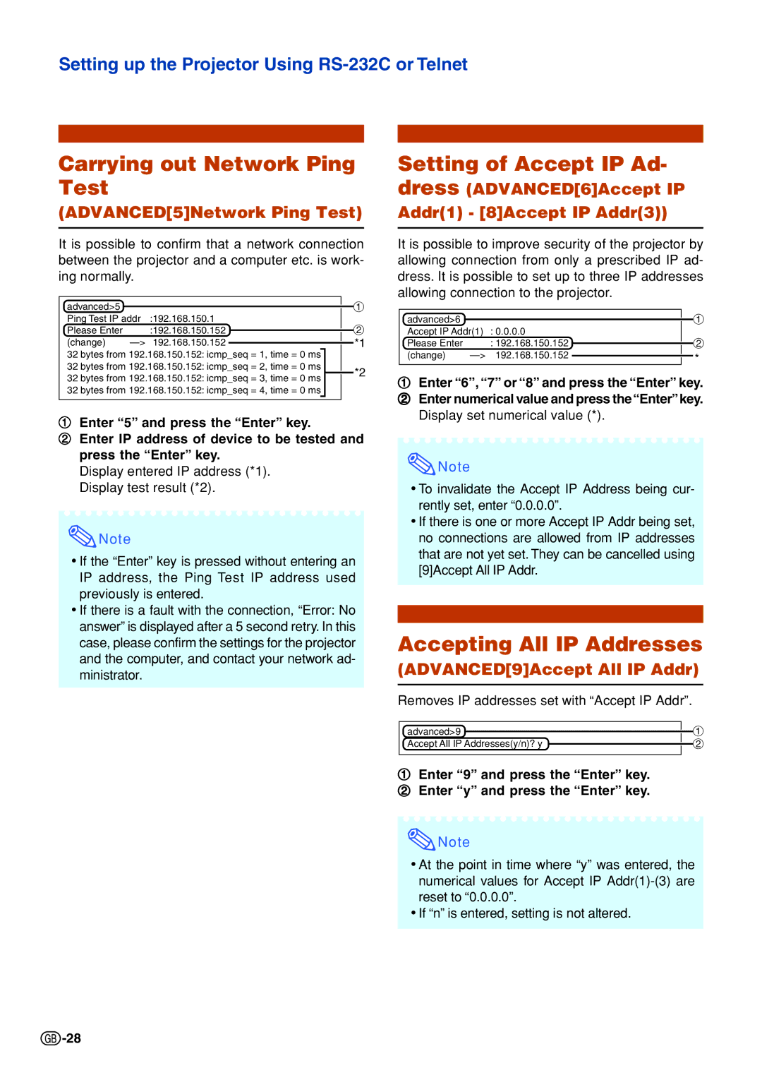 Sharp PG-F325W specifications Carrying out Network Ping Test, Setting of Accept IP Ad- dress, Accepting All IP Addresses 