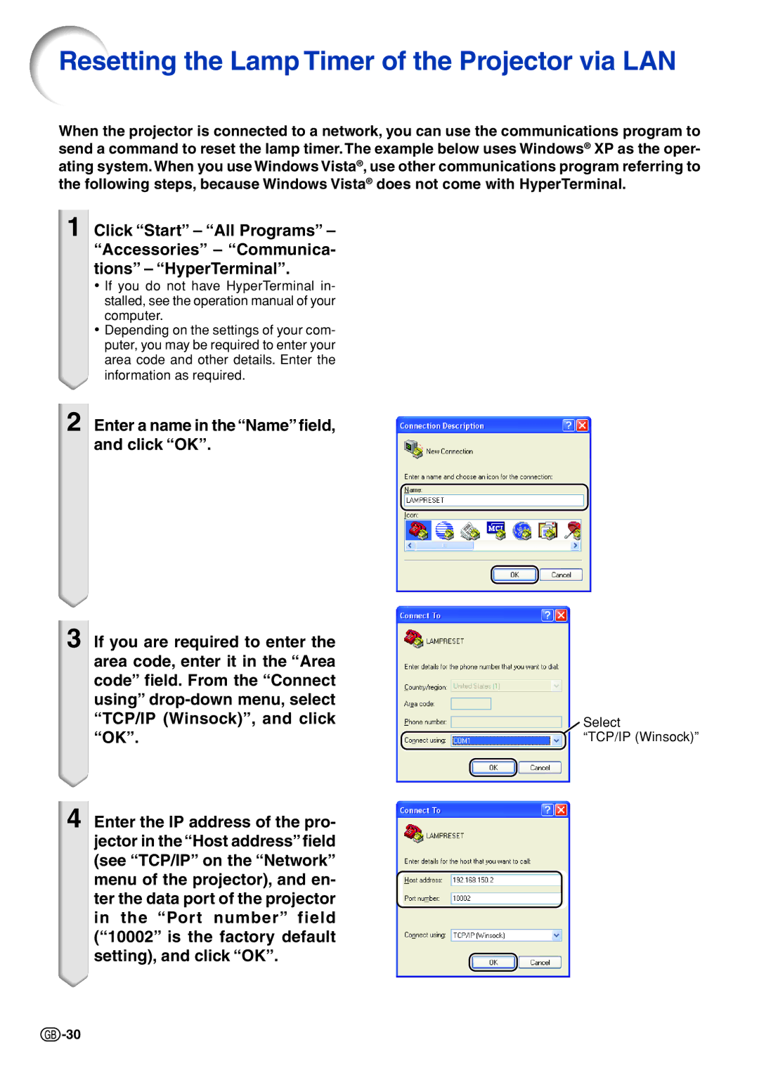 Sharp PG-F325W specifications Resetting the Lamp Timer of the Projector via LAN 