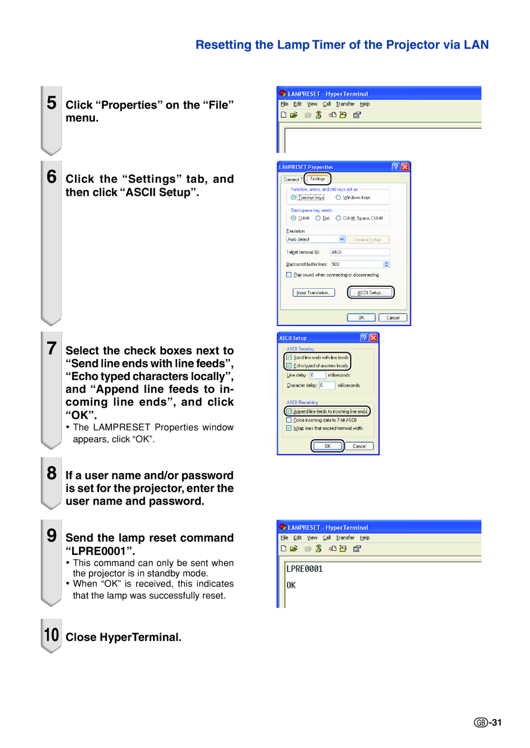 Sharp PG-F325W specifications Resetting the Lamp Timer of the Projector via LAN 