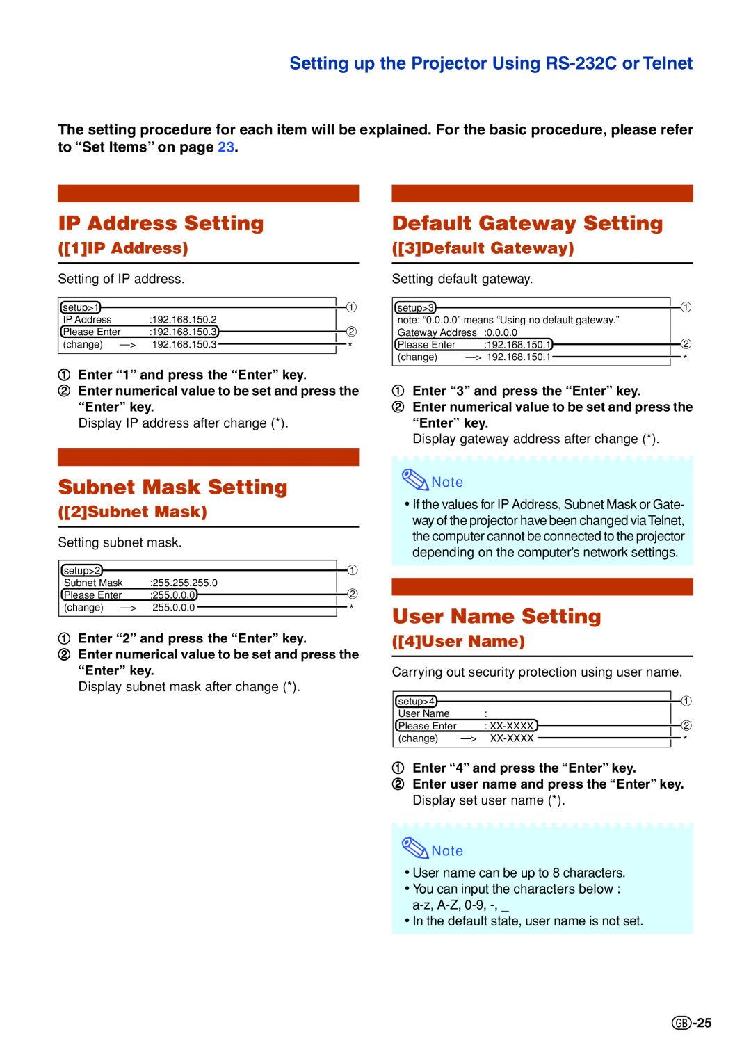 Sharp PG-F325W IP Address Setting, Default Gateway Setting, Subnet Mask Setting, User Name Setting, 1IP Address 