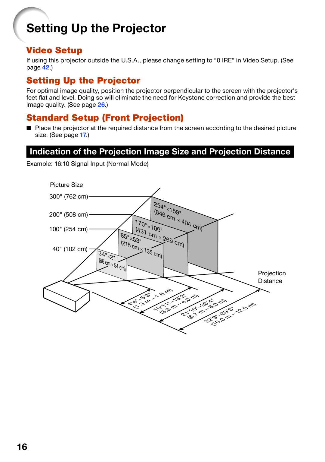 Sharp PG-LW2000, PGLW2000 appendix Setting Up the Projector, Video Setup, Standard Setup Front Projection 