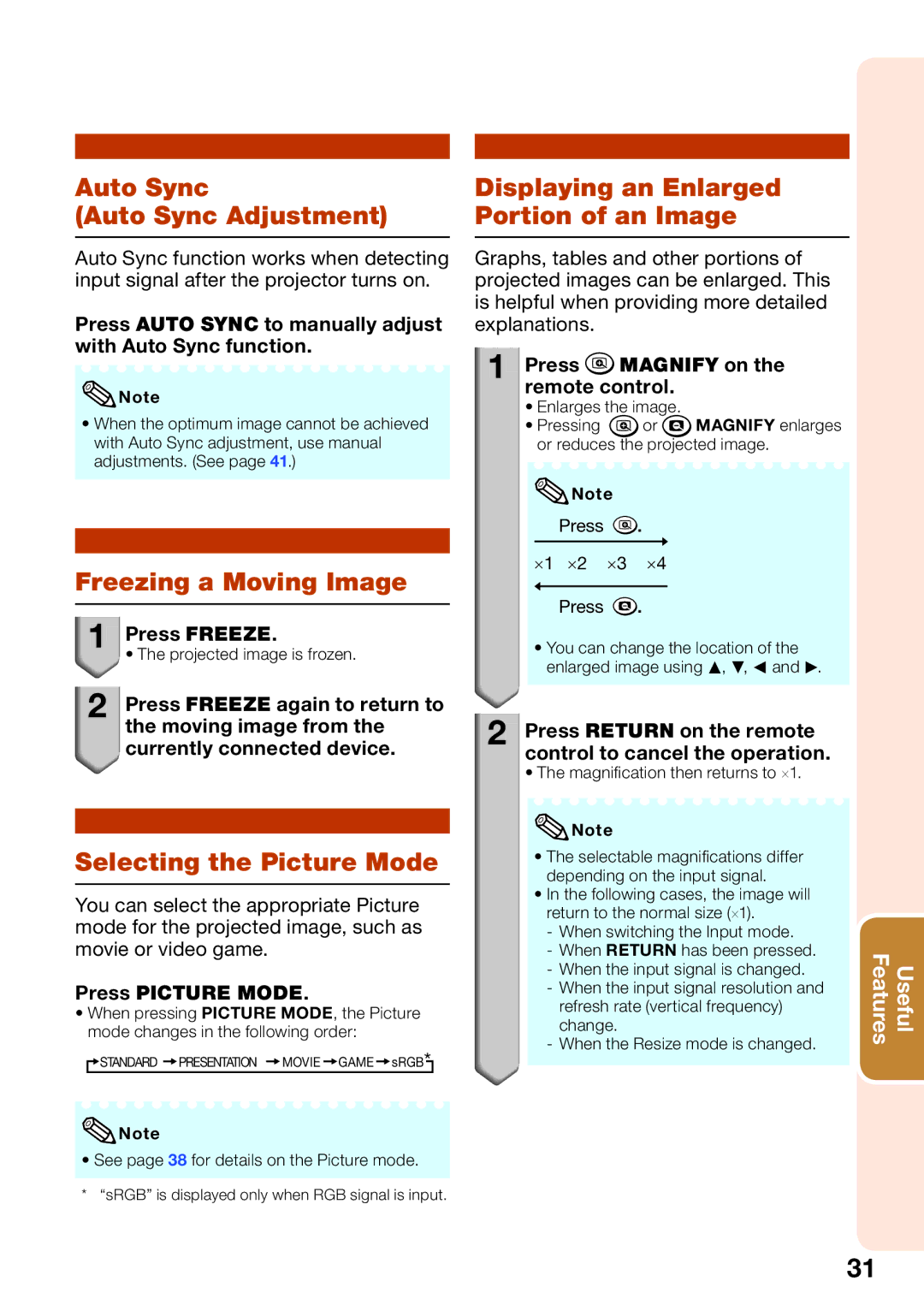 Sharp PGLW2000, PG-LW2000 appendix Auto Sync Auto Sync Adjustment, Freezing a Moving Image, Selecting the Picture Mode 