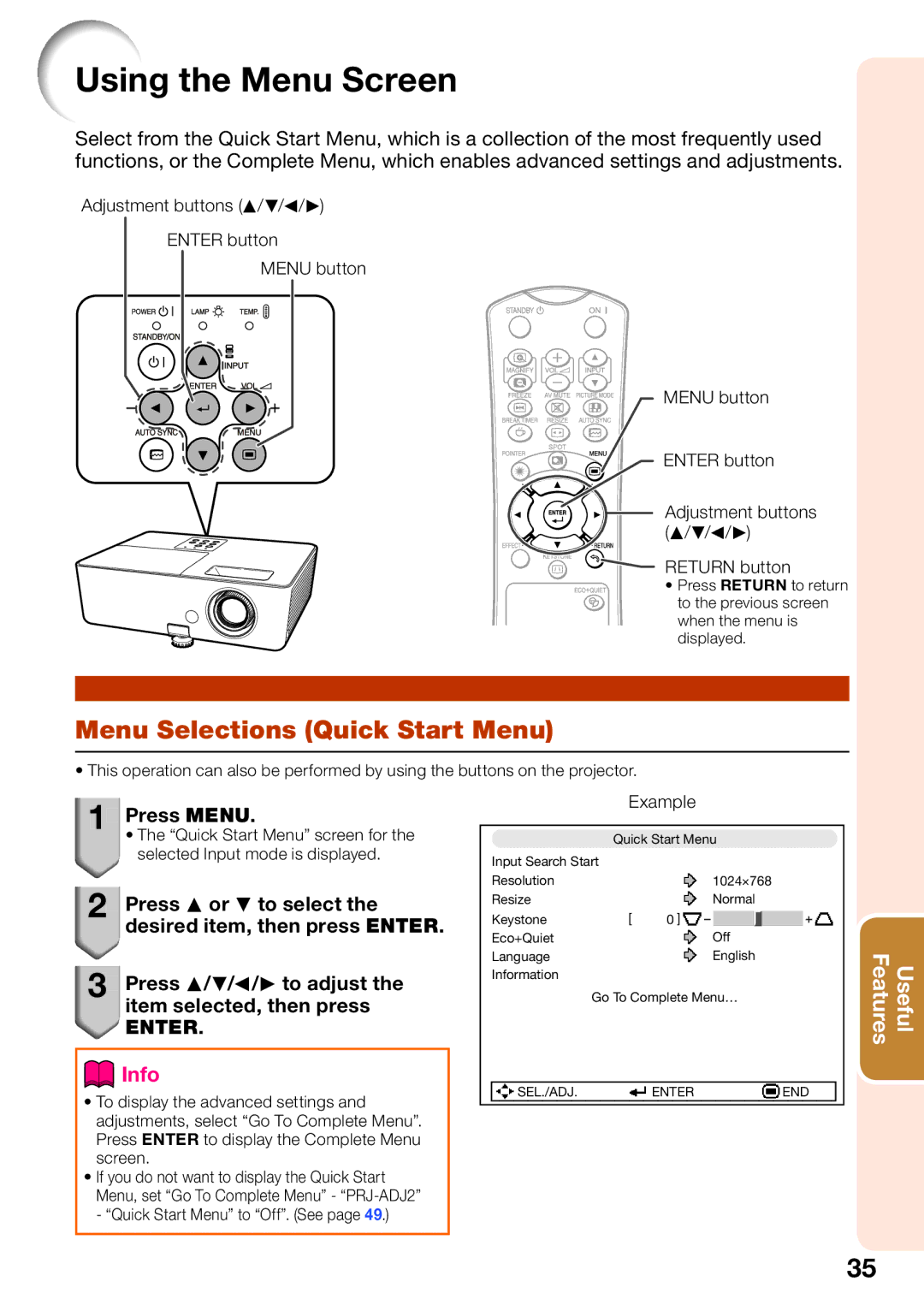 Sharp PGLW2000, PG-LW2000 appendix Using the Menu Screen, Menu Selections Quick Start Menu, Press Menu, Example 