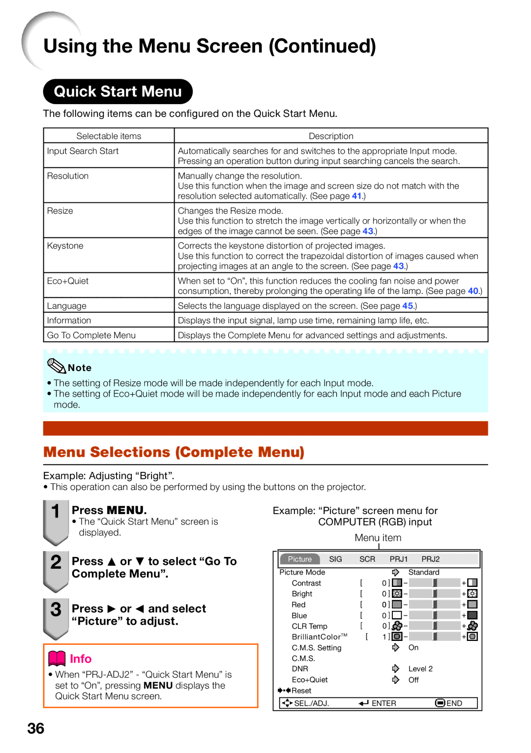 Sharp PG-LW2000, PGLW2000 Menu Selections Complete Menu, Following items can be conﬁgured on the Quick Start Menu 