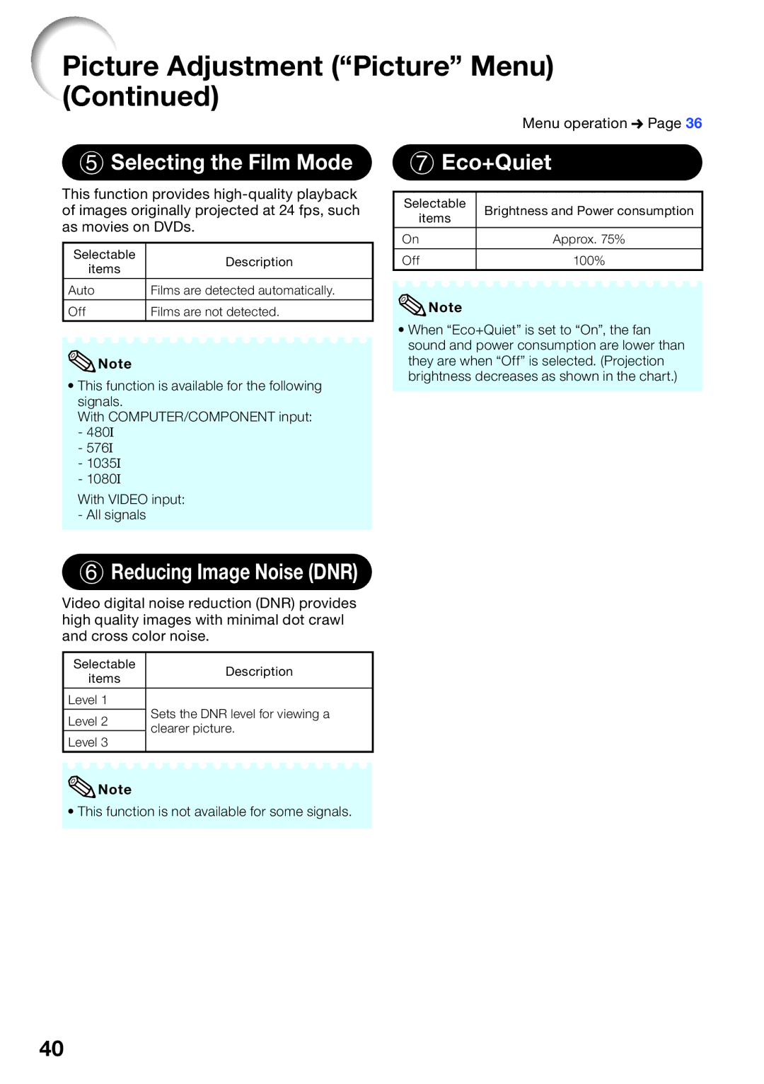 Sharp PG-LW2000, PGLW2000 appendix Selecting the Film Mode, Eco+Quiet, Reducing Image Noise DNR 