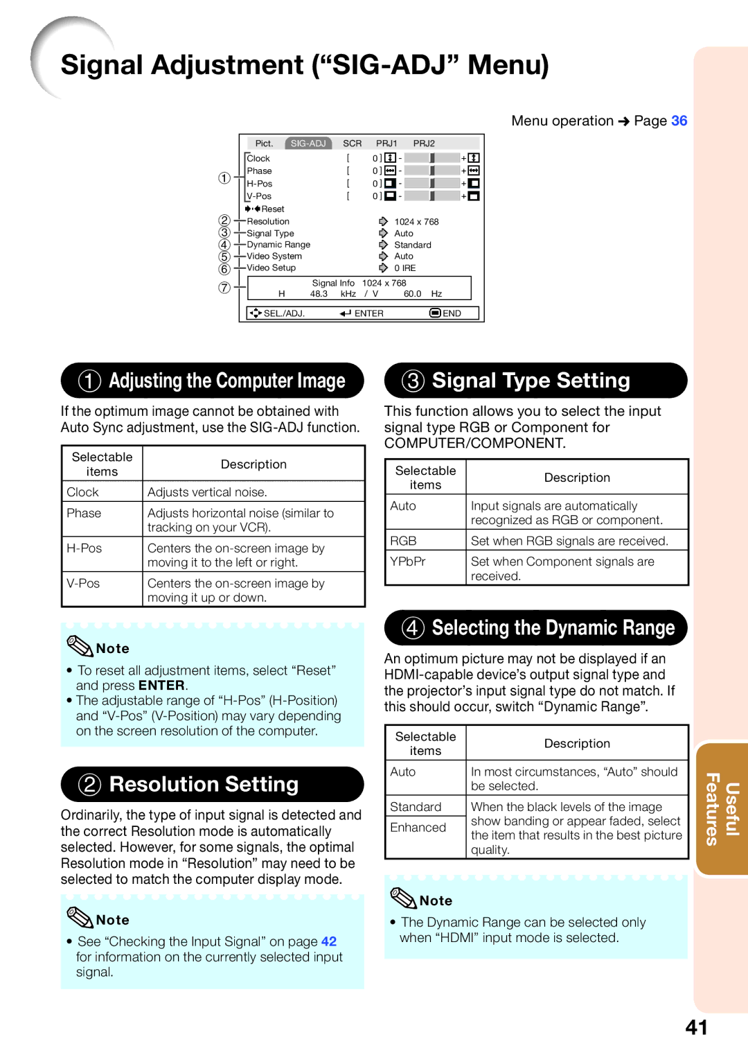 Sharp PGLW2000, PG-LW2000 appendix Signal Adjustment SIG-ADJ Menu, Resolution Setting, Signal Type Setting 