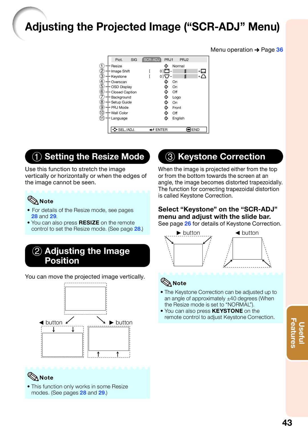 Sharp PGLW2000, PG-LW2000 appendix Adjusting the Projected Image SCR-ADJ Menu, Setting the Resize Mode, Keystone Correction 