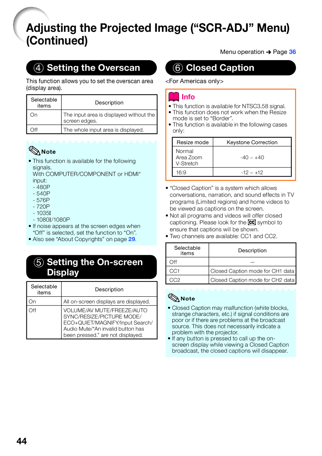 Sharp PG-LW2000, PGLW2000 appendix Setting the Overscan, Setting the On-screen Display, Closed Caption, For Americas only 