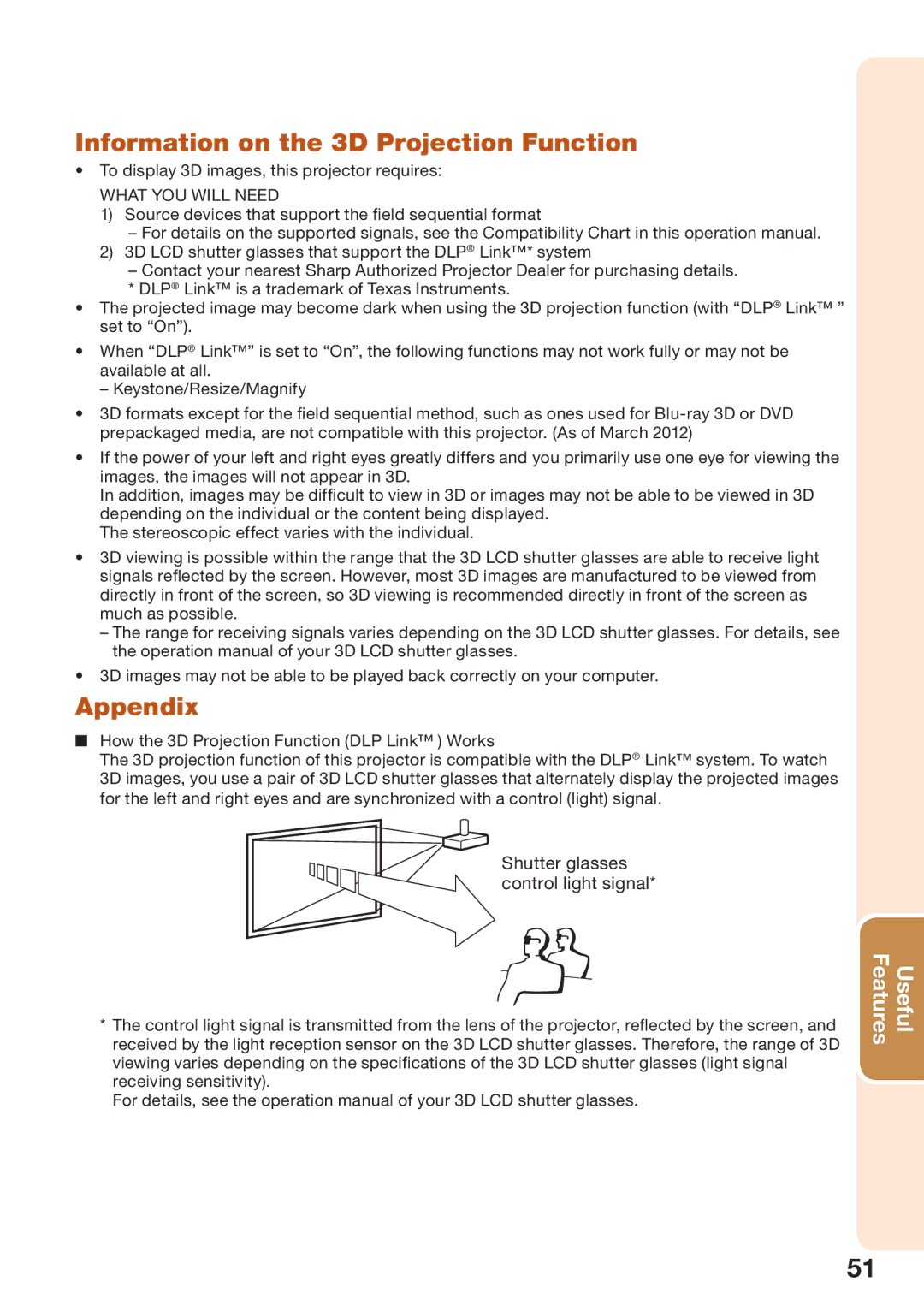 Sharp PGLW2000, PG-LW2000 appendix Information on the 3D Projection Function, Appendix, Shutter glasses control light signal 