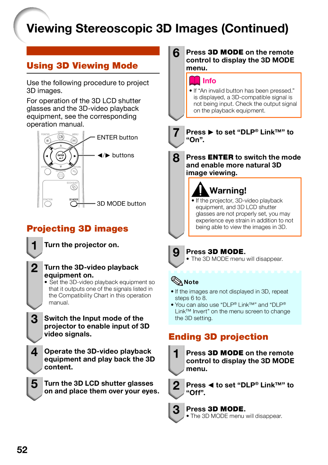 Sharp PG-LW2000, PGLW2000 appendix Using 3D Viewing Mode, Projecting 3D images, Ending 3D projection 