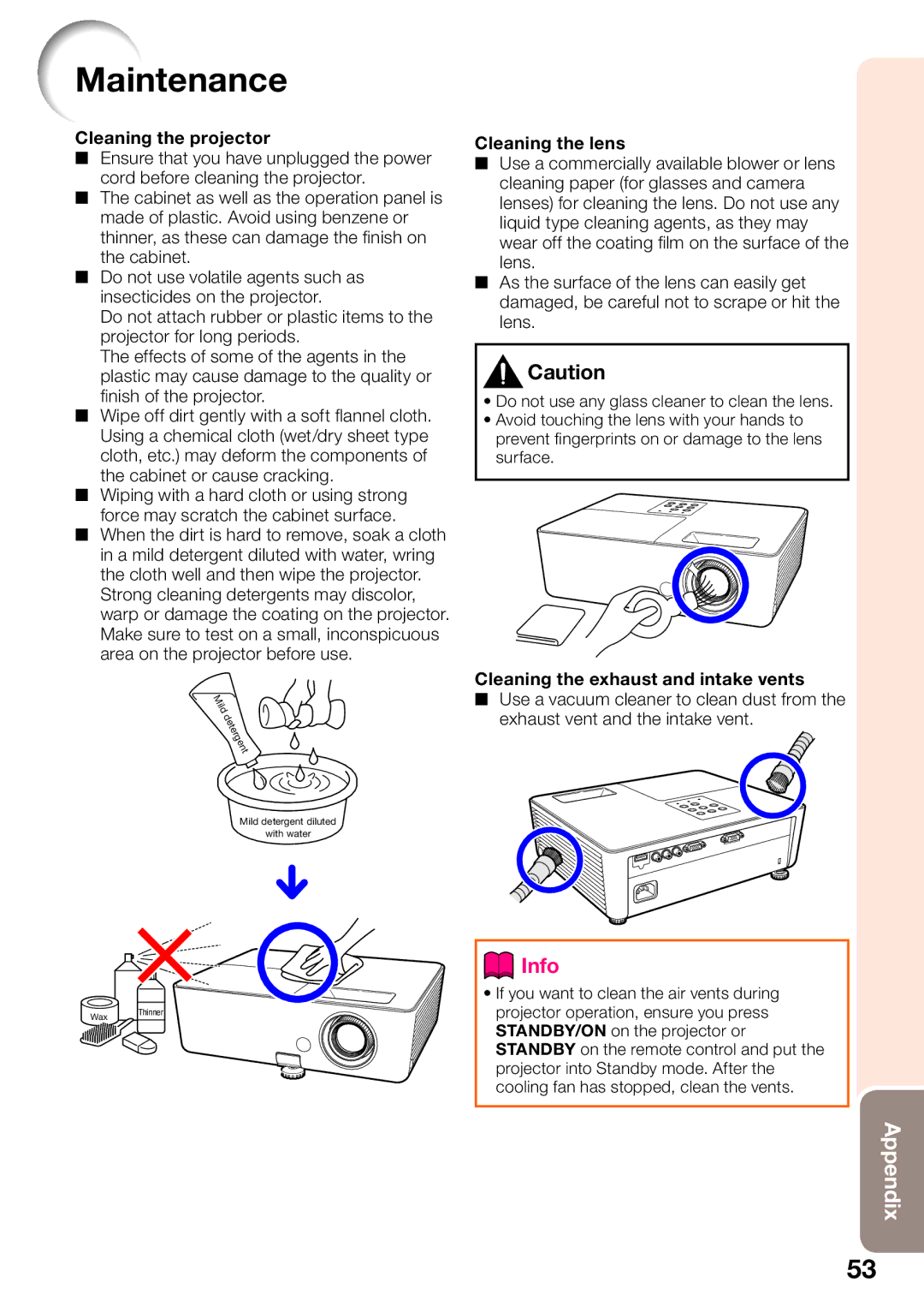 Sharp PGLW2000, PG-LW2000 appendix Maintenance, Cleaning the projector 